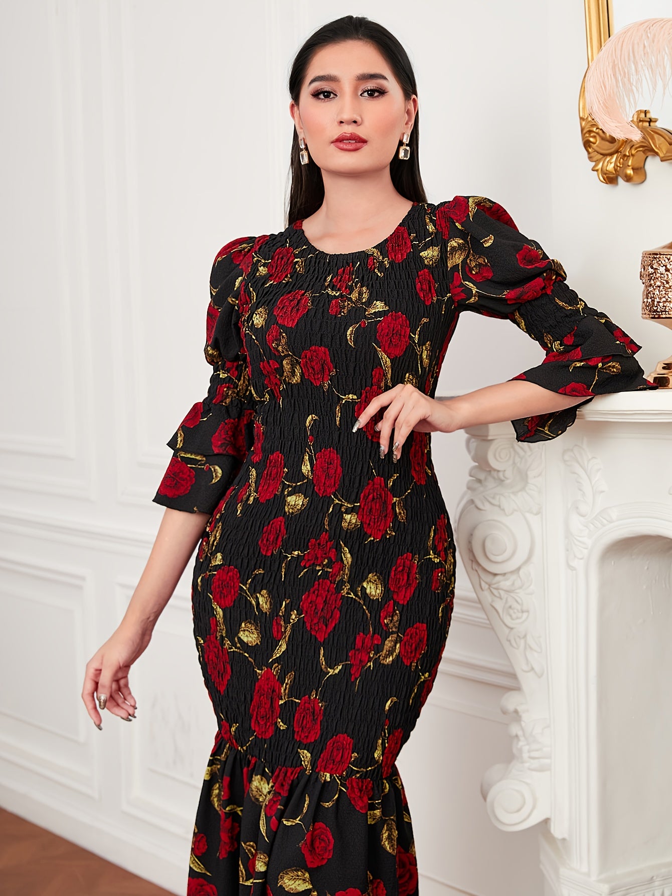 Sixsr Floral Print Layered Dress, Elegant Crew Neck Ruffle Hem Dress, Women's Clothing
