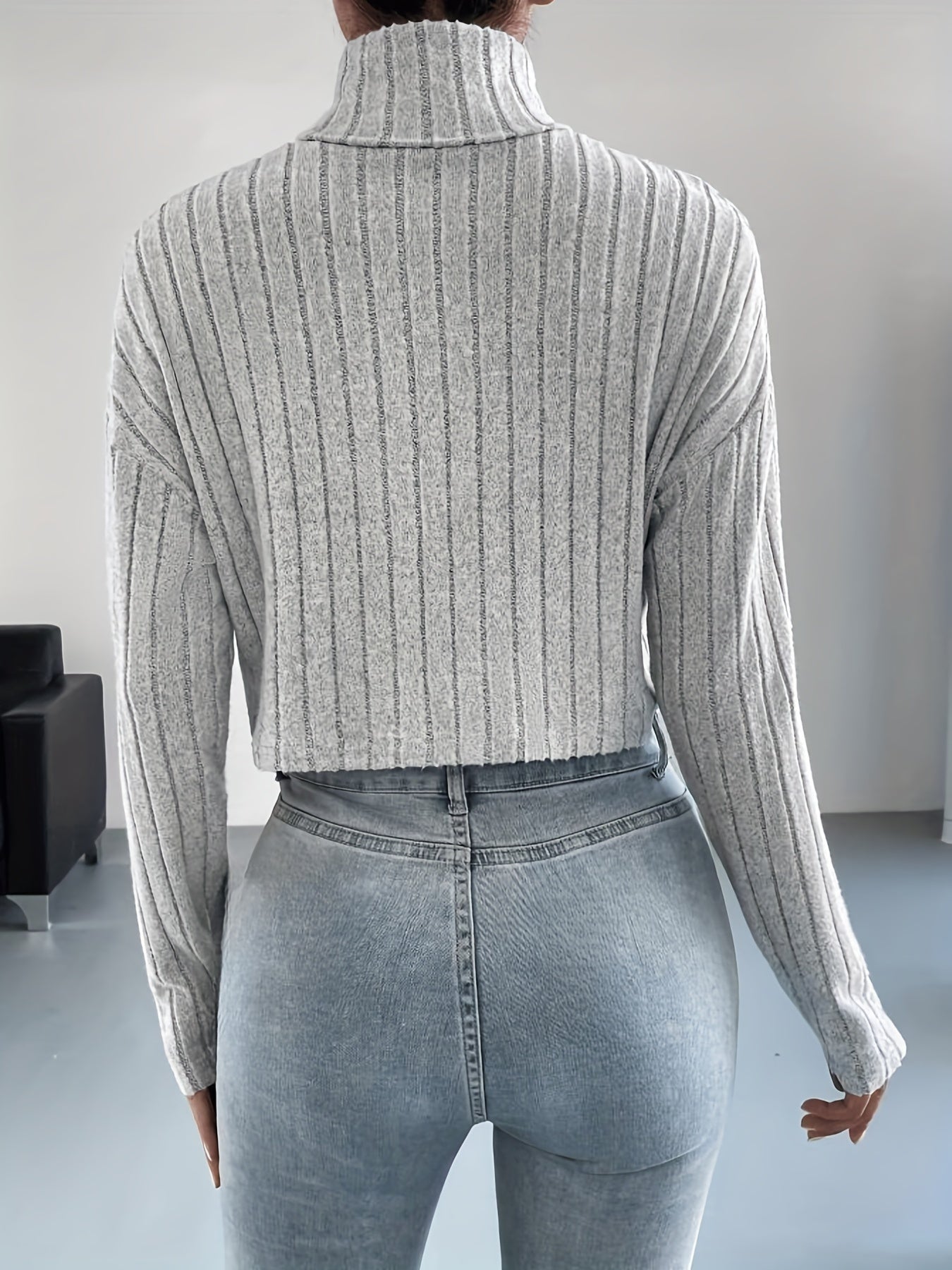 Sixsr Solid Ribbed Turtleneck Crop T-Shirt, Casual Long Sleeve Top For Spring & Fall, Women's Clothing