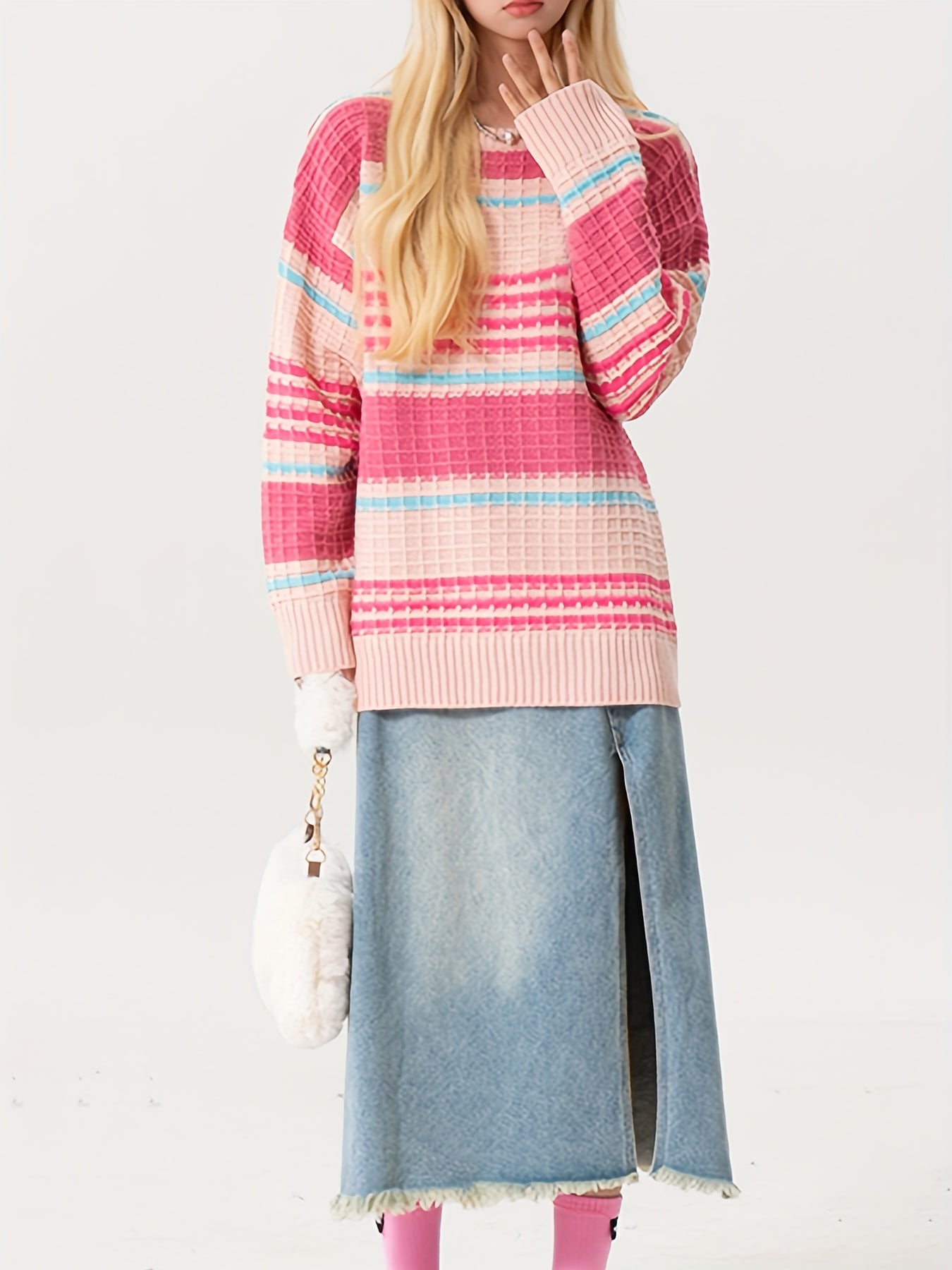 Sixsr Striped Crew Neck Pullover Sweater, Cute Long Sleeve Sweater For Fall & Winter, Women's Clothing