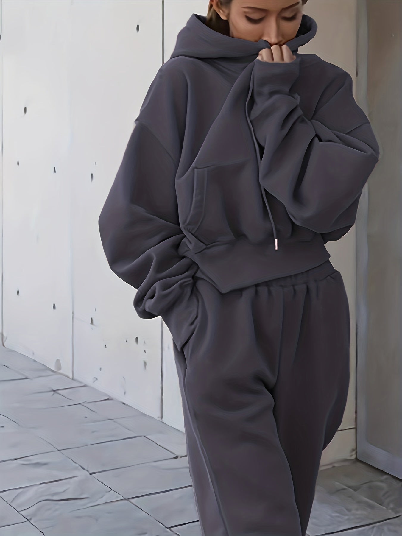 Sixsr 2pcs Athleisure Set, Oversized Solid Hooded Pocket Drawstring Sweatshirts & Sweatpants Sets, Women's Clothing