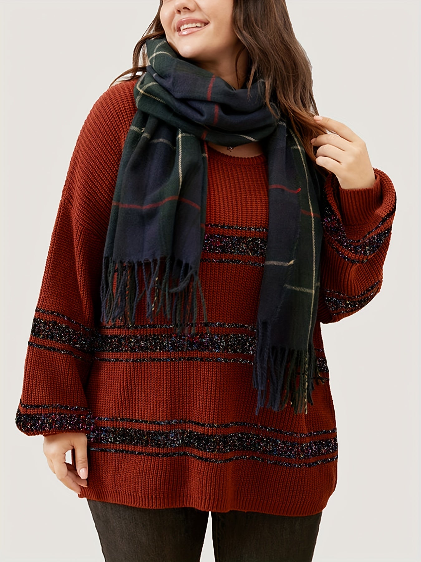 Sixsr Plus Size Casual Sweater, Women's Plus Colorblock Striped Sequin Lantern Sleeve Round Neck Pullover Sweater