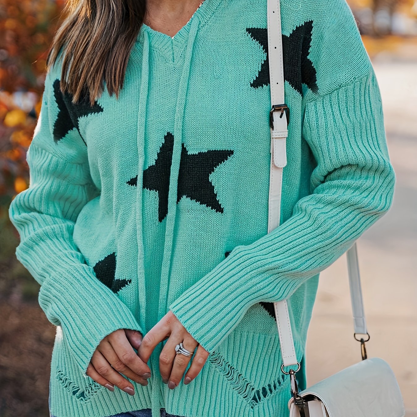 Sixsr Plus Size Y2K Knit Top, Women's Plus Star Pattern Long Sleeve Ripped Drawstring Sweater Hoodie