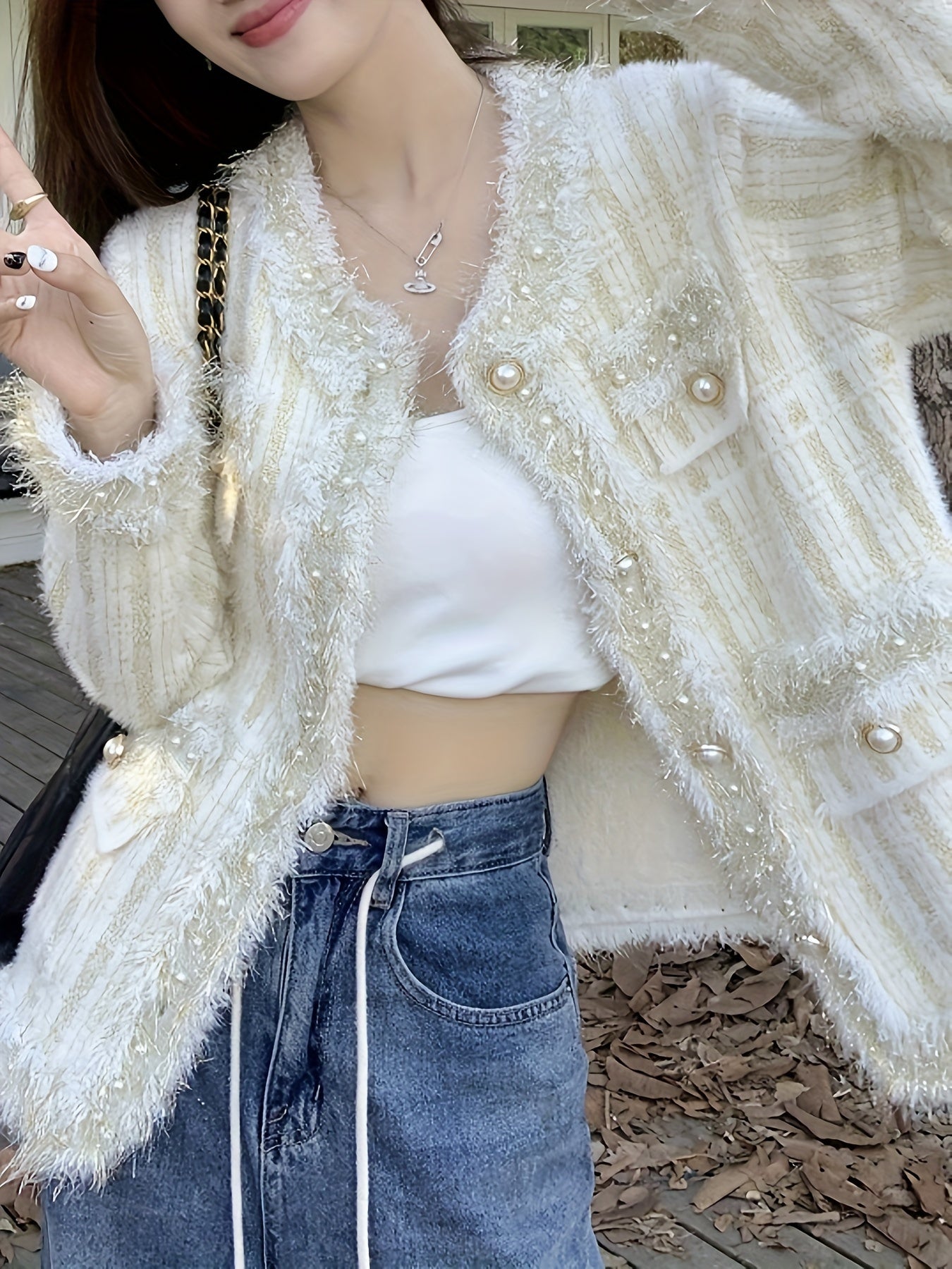 Sixsr Solid Beaded Button Outwear, Elegant Long Sleeve Knit Outwear For Fall & Winter, Women's Clothing