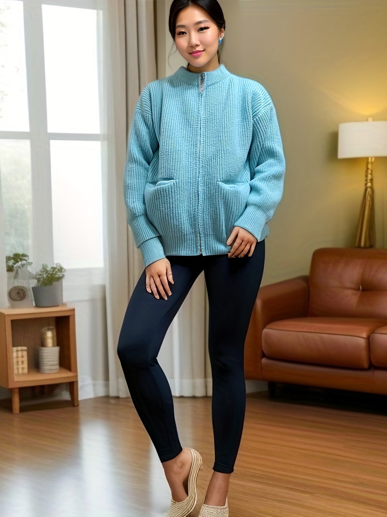 Sixsr Solid Zip Up Knit Cardigan, Casual Long Sleeve Pocket Sweater For Fall & Winter, Women's Clothing