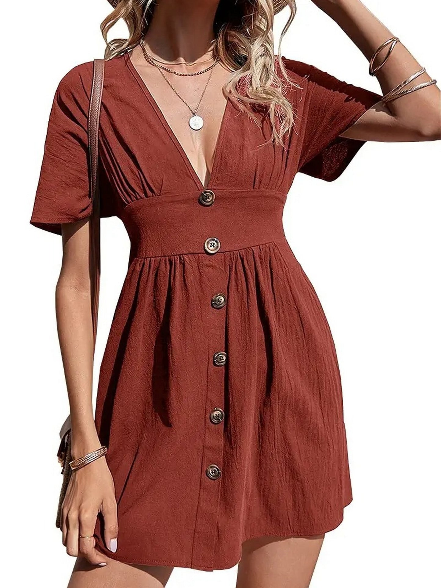 Sixsr Women's Dresses Sexy Solid Color V Neck Button Up Short Sleeve Dresses