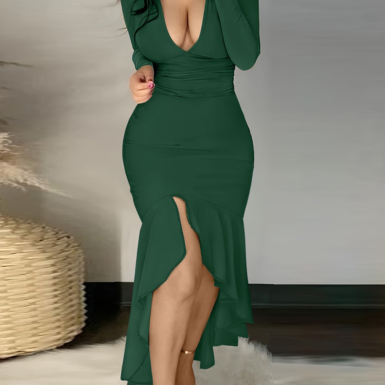 Ruffle Hem Plunging Dress, Sexy Long Sleeve Bodycon Asymmetrical Dress, Women's Clothing