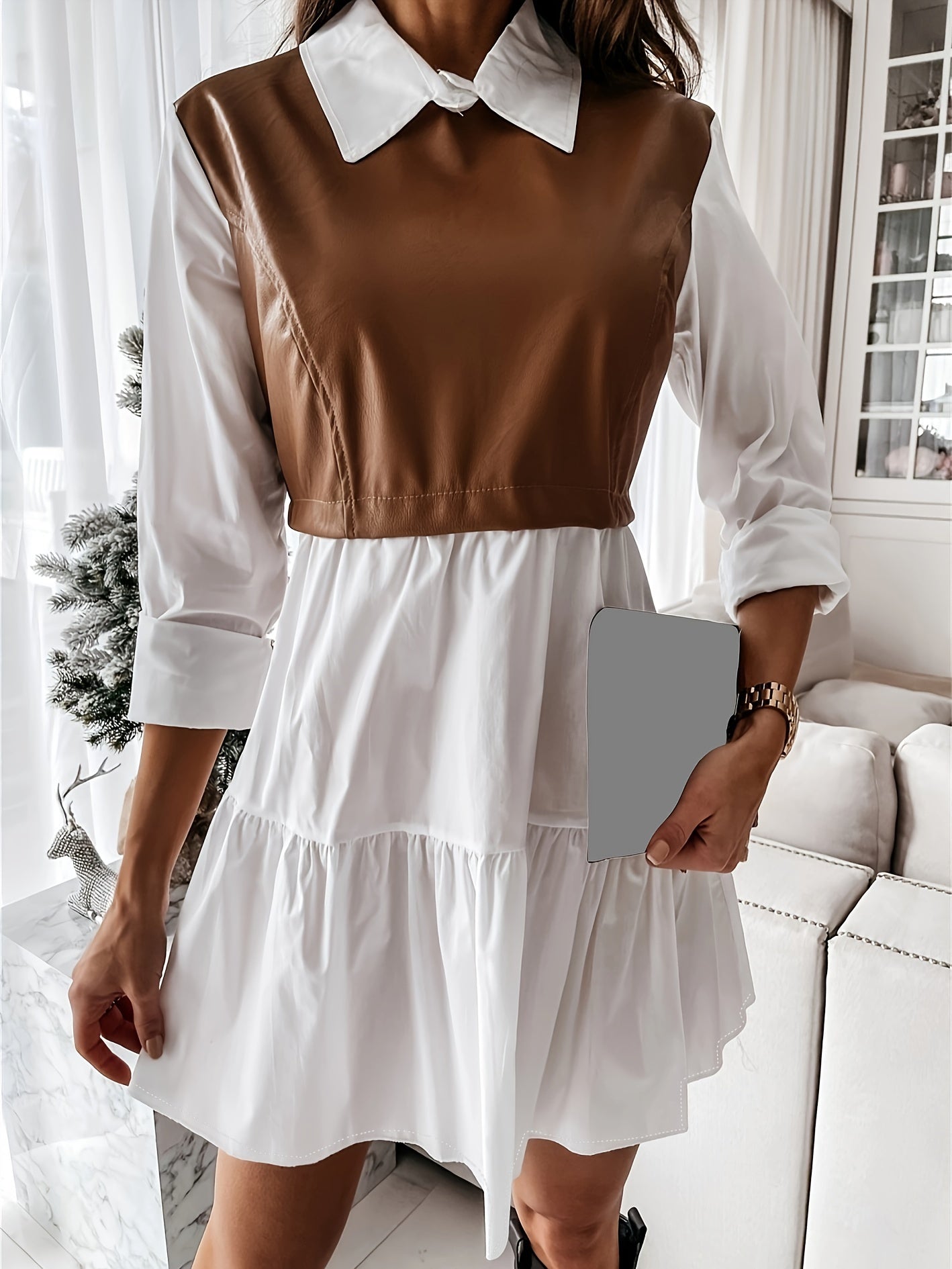Sixsr PU Leather Patchwork Long Sleeve Shirt Dresses, Women's Clothing