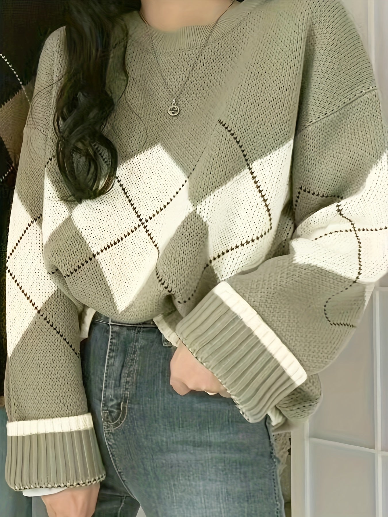 Sixsr Argyle Pattern Crew Neck Pullover Sweater, Vintage Long Sleeve Loose Sweater, Women's Clothing