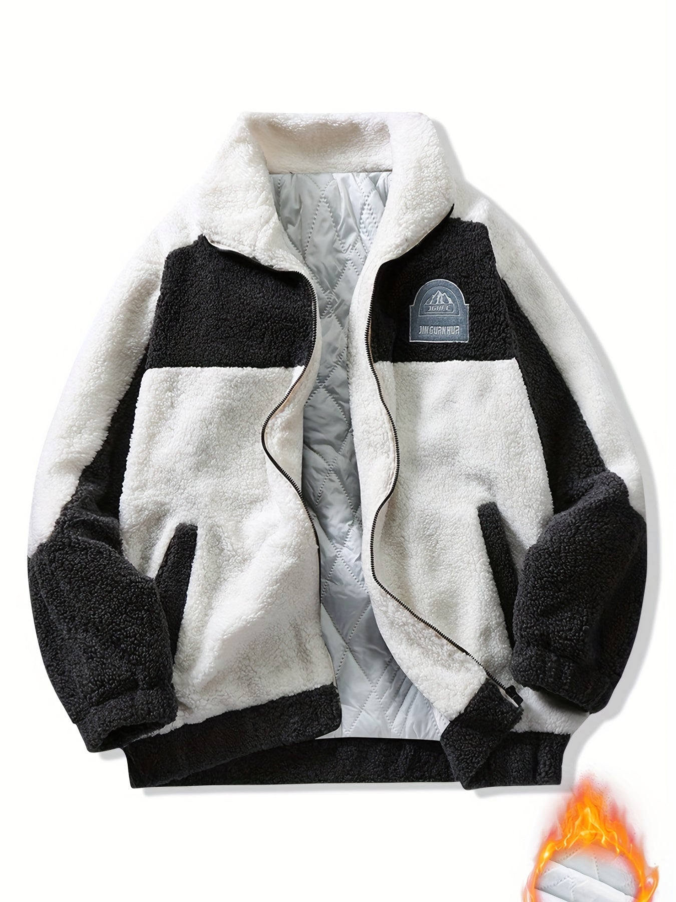 Sixsr Warm Plush Fleece Jacket, Men's Casual Color Block Stand Collar Jacket Coat For Fall Winter
