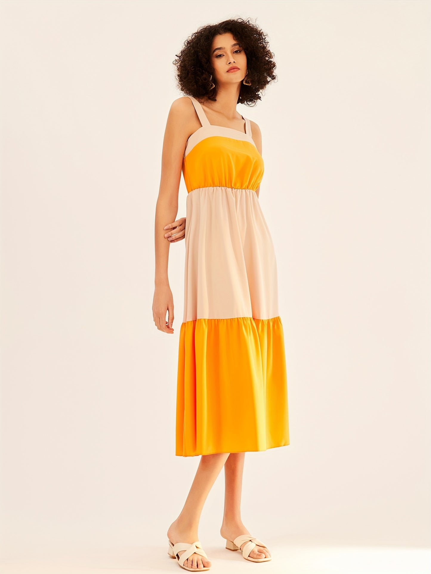 Sixsr Color Block Sleeveless Midi Dress, Vacation Suspender Stylish Midi Dress, Women's Clothing