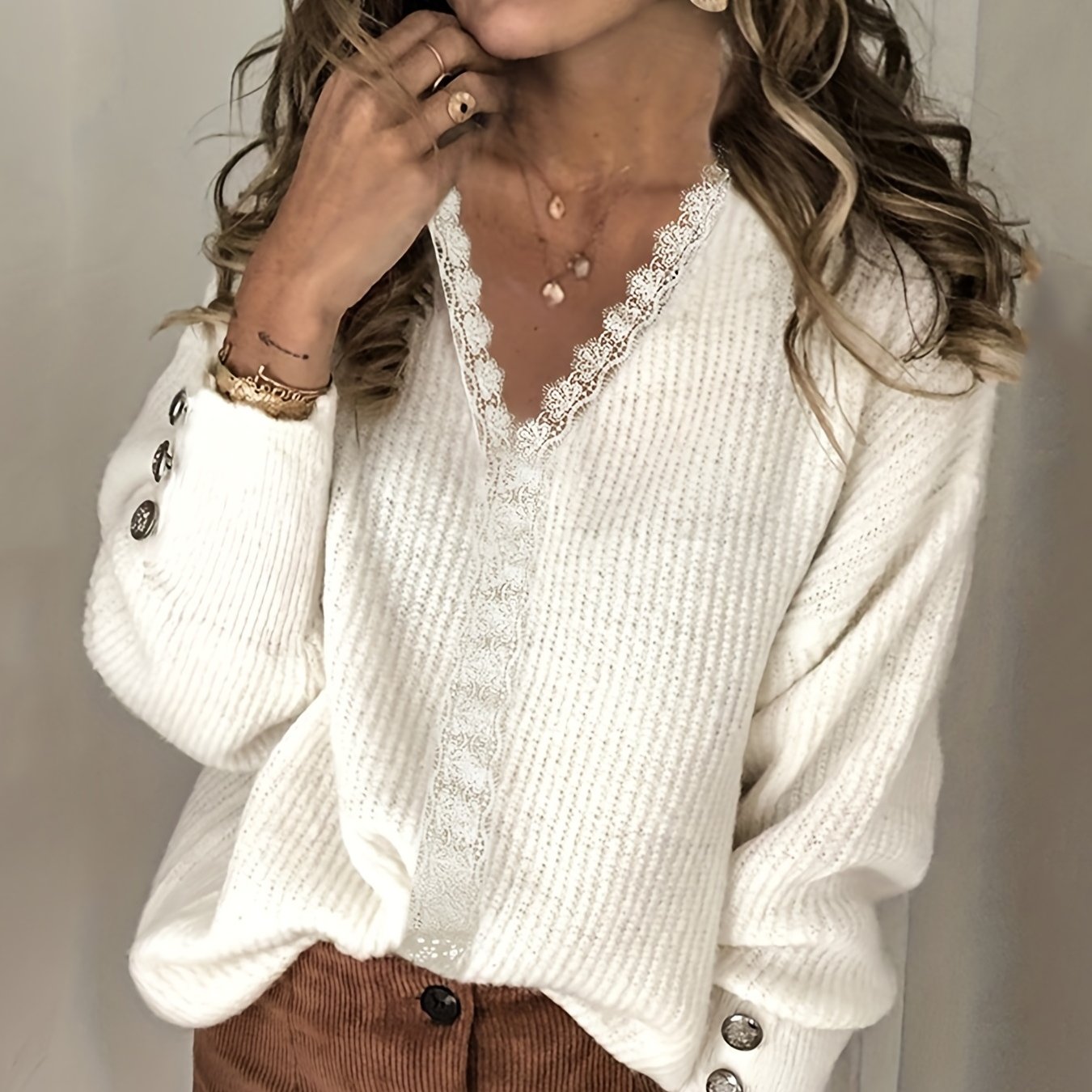 Sixsr Plus Size Casual Sweater, Women's Plus Crochet Contrast Panel V Neck Slight Stretch Sweater
