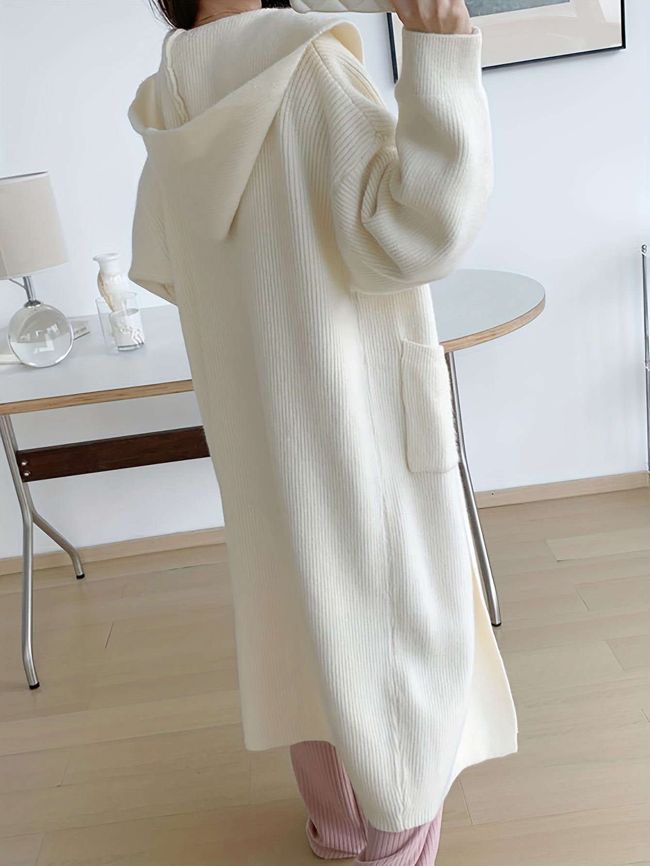 Sixsr Solid Open Front Hooded Knit Cardigan, Casua Long Sleeve Mid Length Pocket Sweater Coat, Women's Clothing