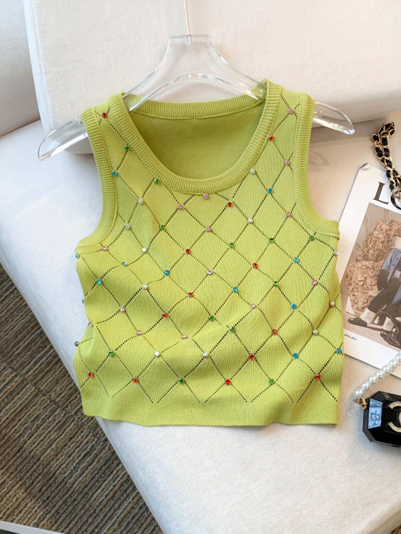Sixsr Colorful Rhinestone Knitted Tank Top, Casual Crew Neck Sleeveless Tank Top For Summer, Women's Clothing