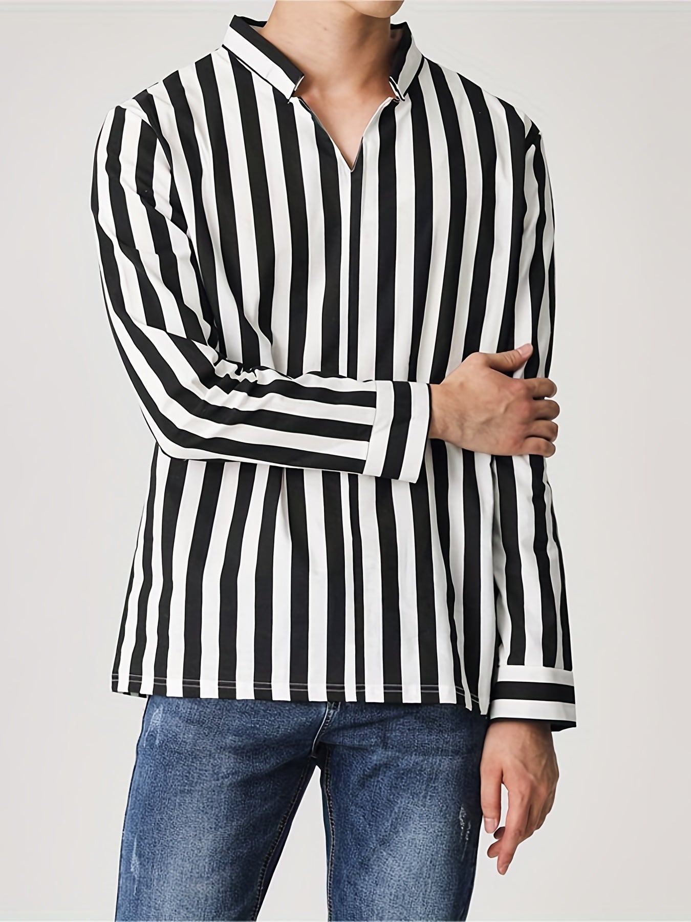 Sixsr Men's Casual Stripe V Neck Long Sleeve Shirt With No Button, Male Clothes For Spring And Summer