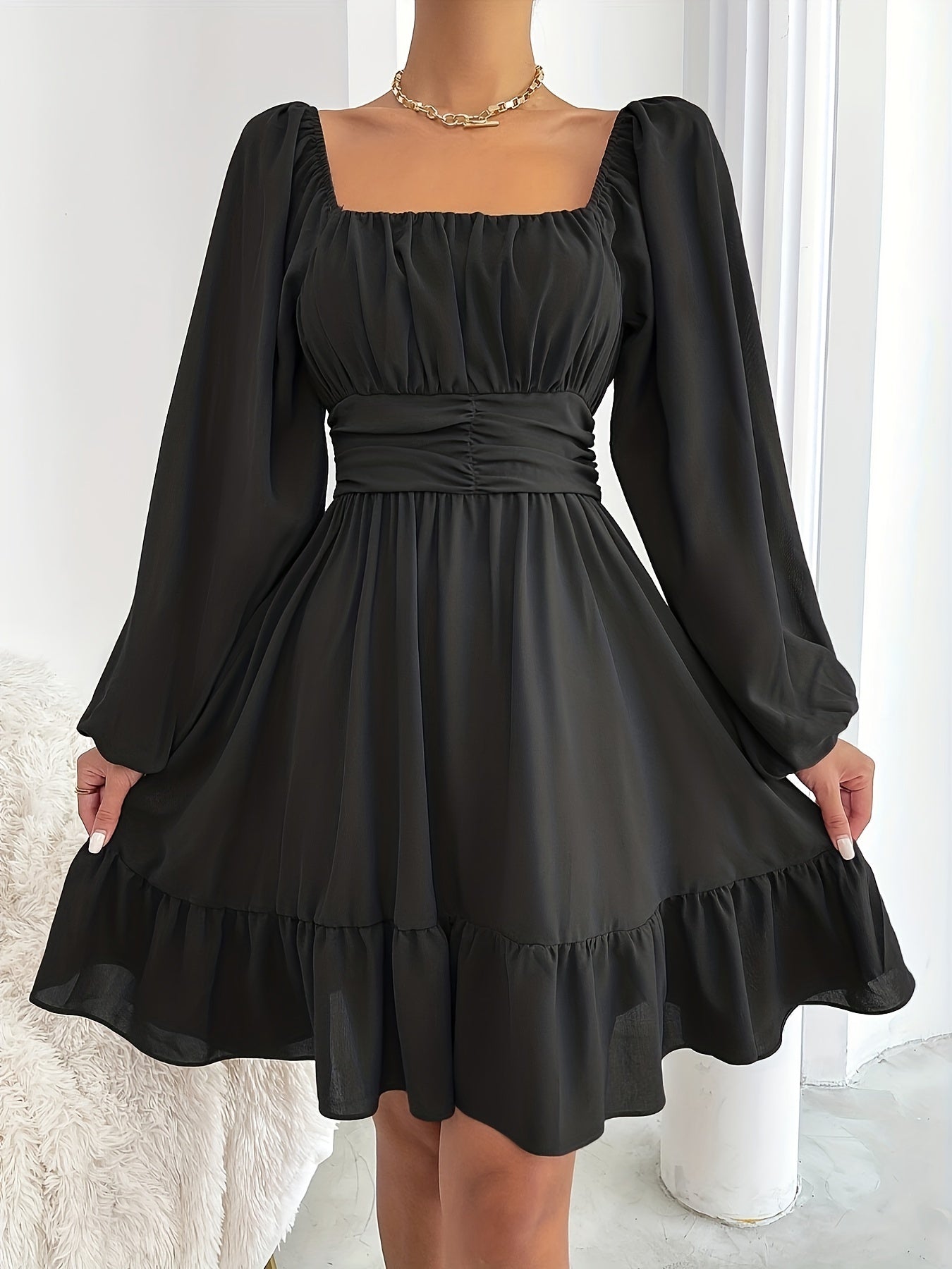 Sixsr Tied Back Lantern Sleeve Dress, Cinched Waist Square Neck Ruched Dress, Women's Clothing