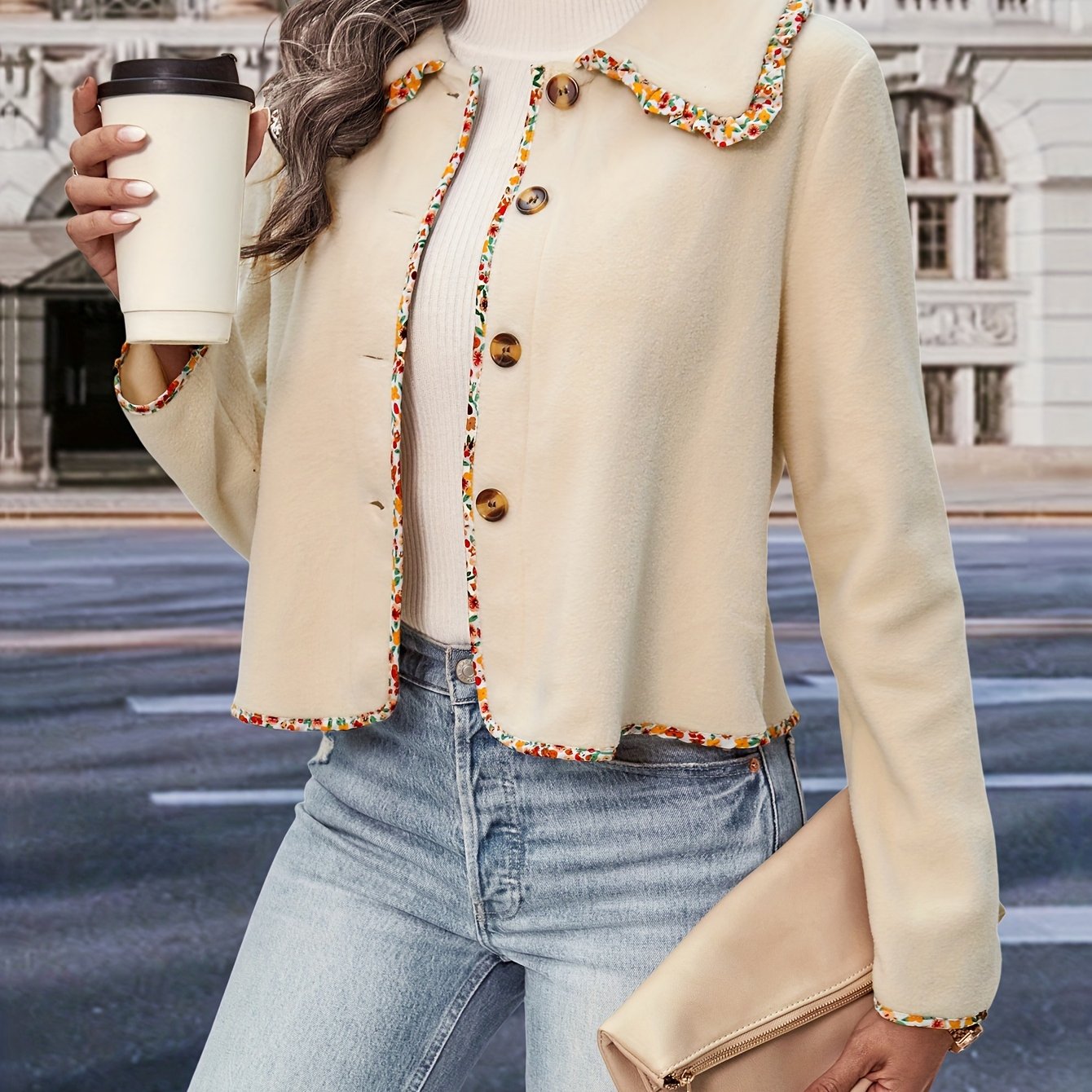 Sixsr Contrast Trim Fall & Winter Jacket, Elegant Button Front Long Sleeve Outerwear, Women's Clothing