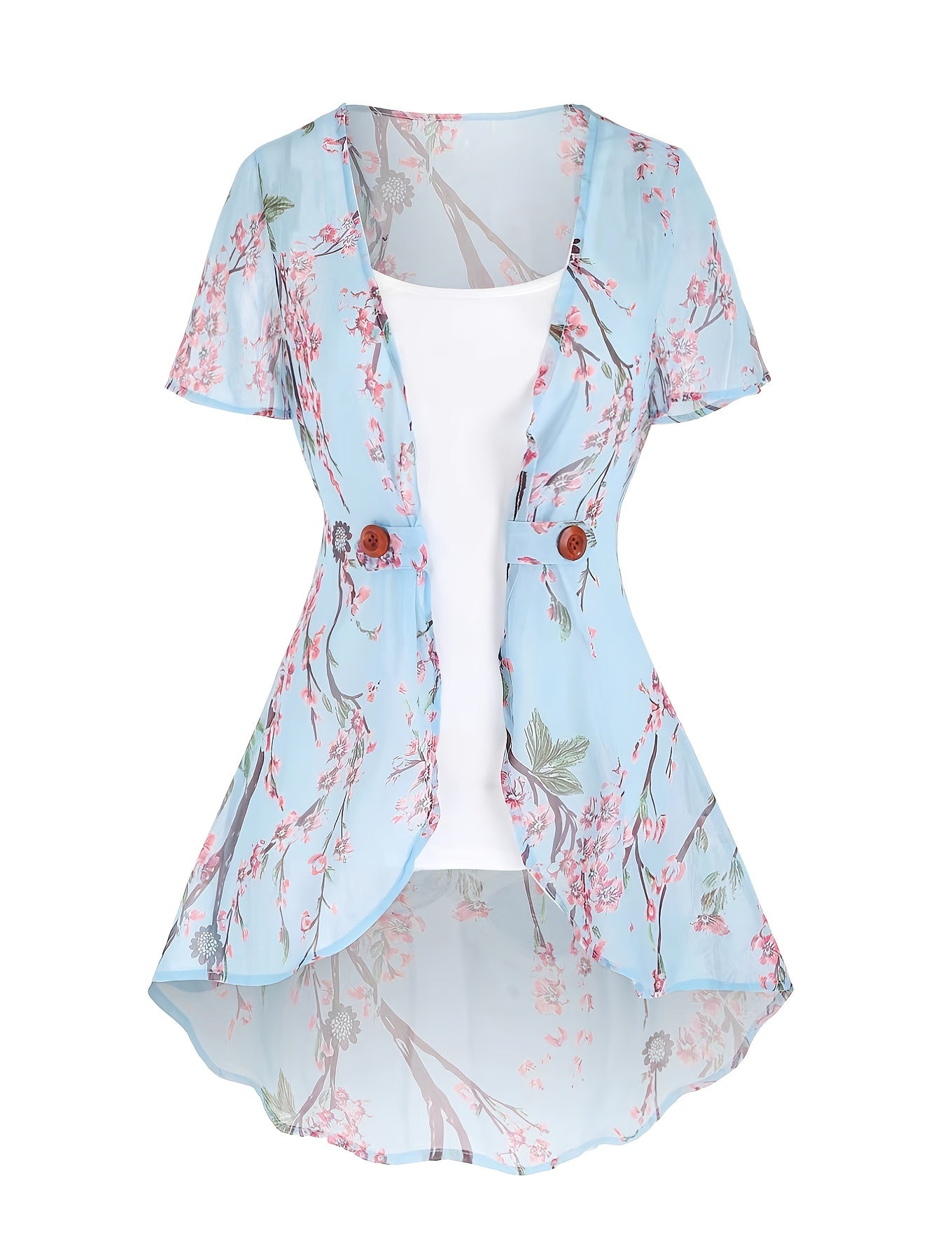 Women's Floral Print Two-piece Set - Casual Tank Top & Open Front Kimono Outfit for Comfortable and Stylish Look