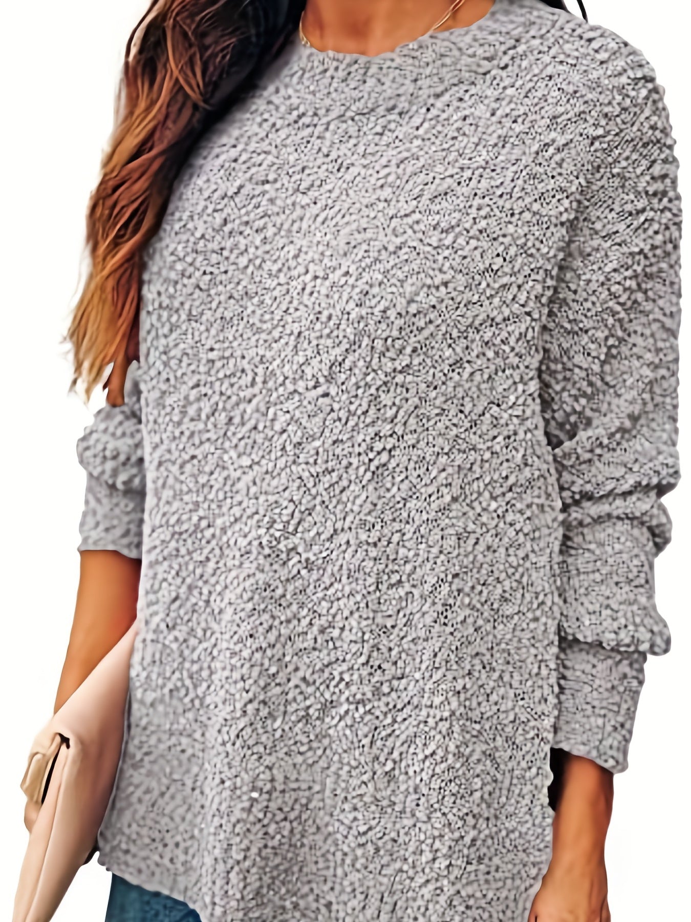 Sixsr Plus Size Casual Sweater, Women's Plus Solid Fluffy Long Sleeve Split Hem Pullover Sweater