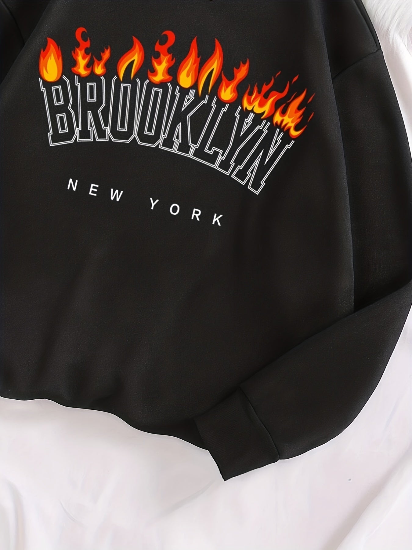 Sixsr Plus Size Casual Sweatshirt, Women's Plus Letter & Fire Print Long Sleeve Round Neck Sweatshirt