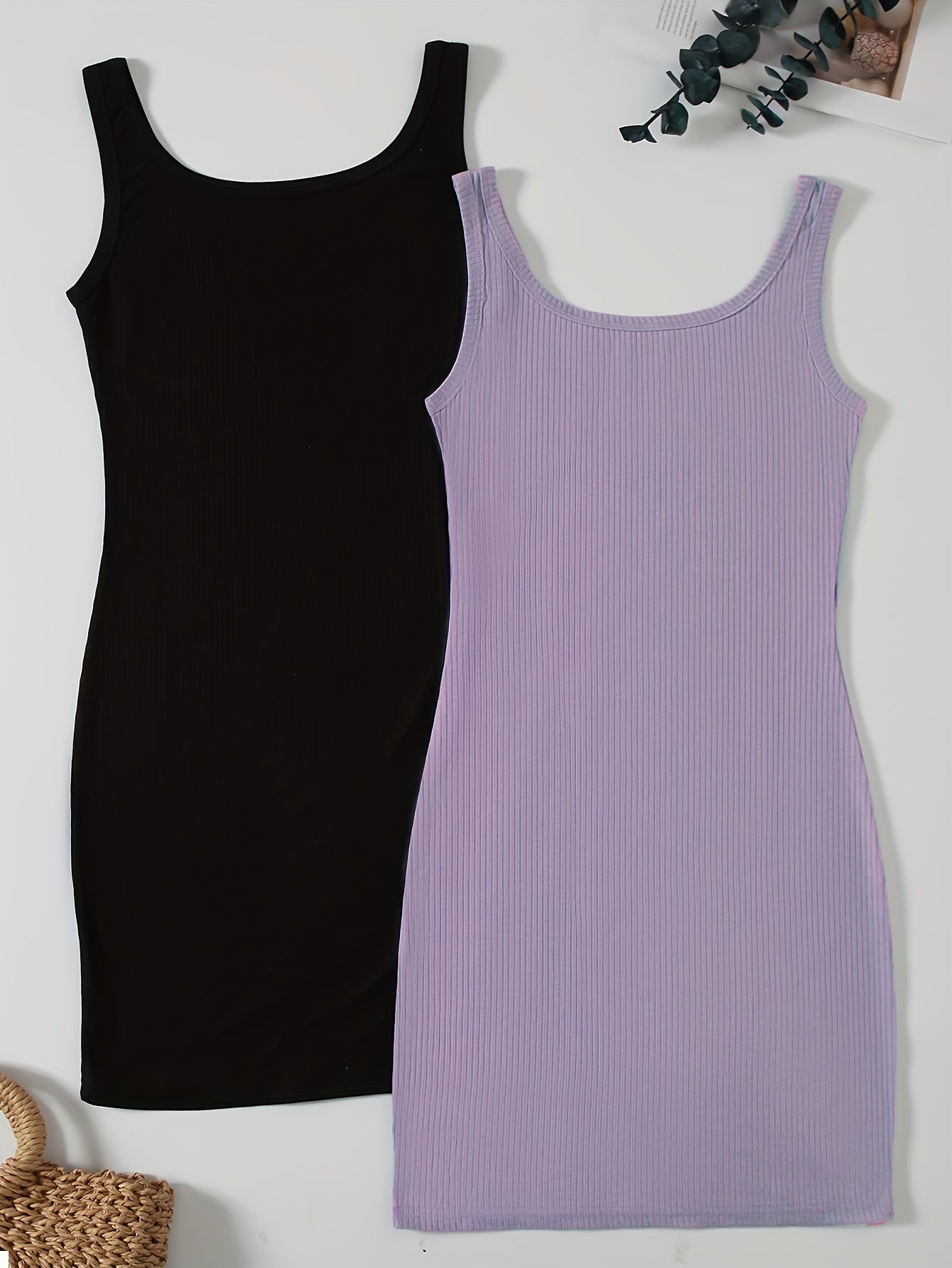 Sixsr 2 Pieces Solid Bodycon Tank Dress, Casual Crew Neck Dress For Spring & Summer, Women's Clothing