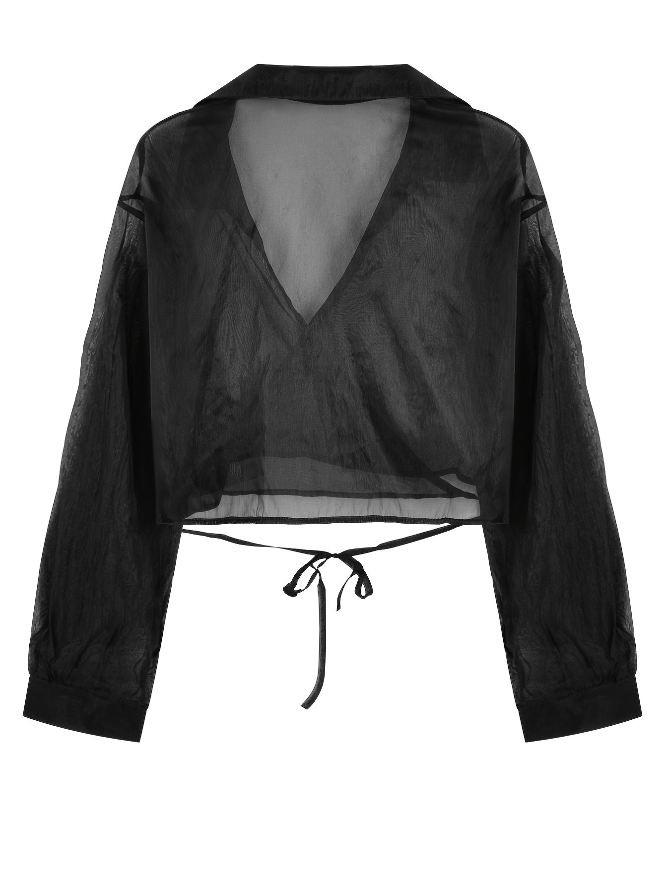 Sixsr Solid Wrap Tie Crop Mesh Blouse, Versatile Long Sleeve Blouse For Spring & Fall, Women's Clothing