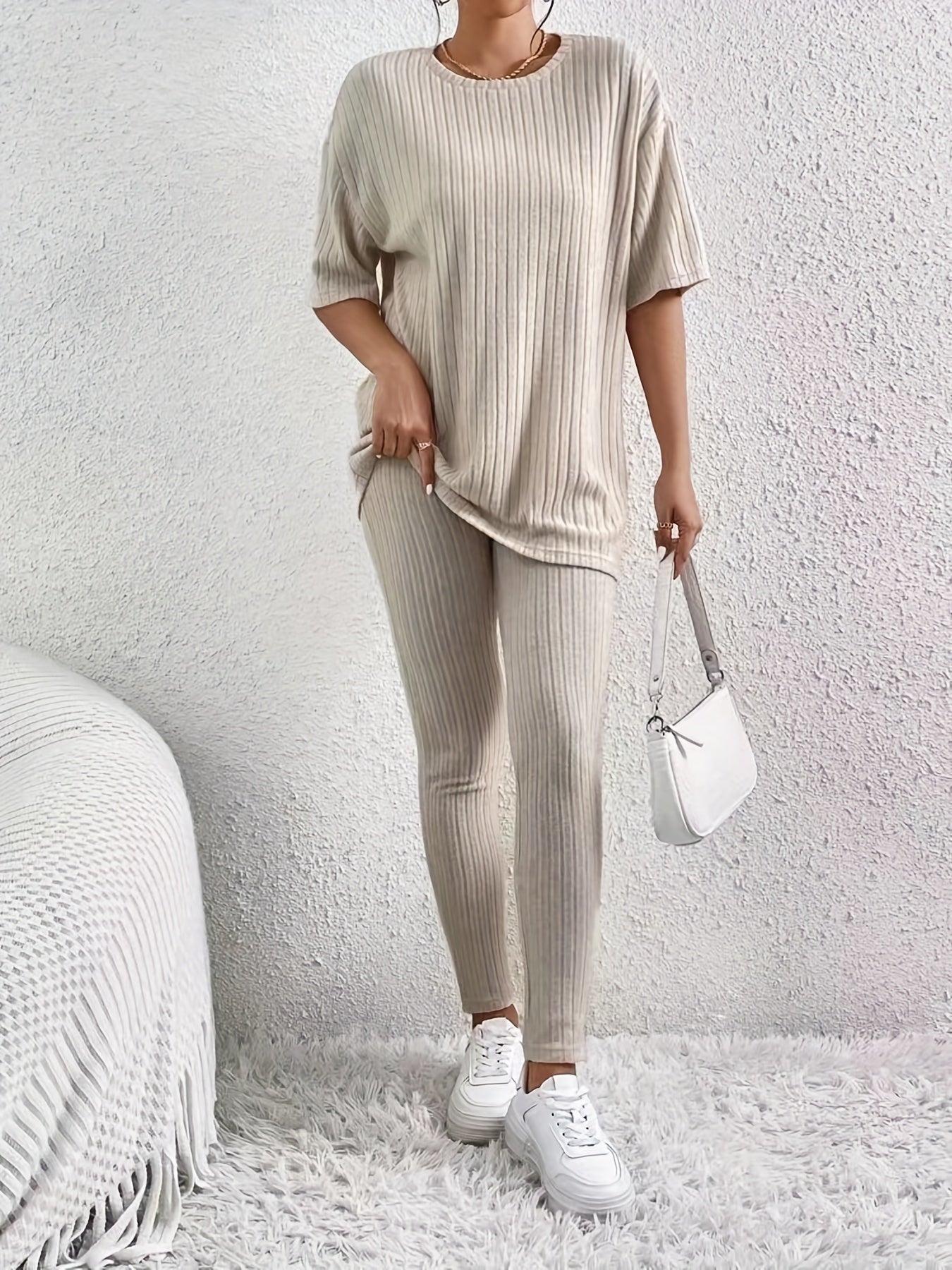 Sixsr Casual Solid Two-piece Set, Drop Shoulder T-shirt & Slim Pants Outfits, Women's Clothing