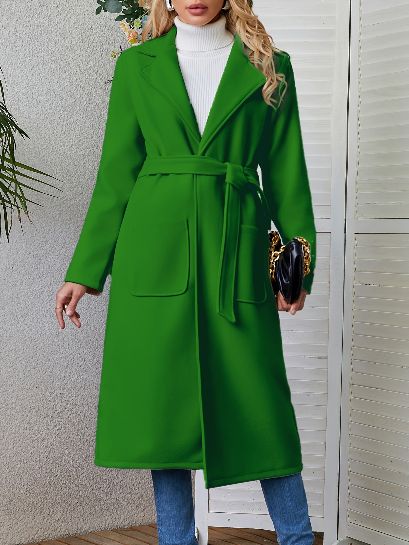 Sixsr Solid Lapel Mid Length Overcoat, Casual Open Front Long Sleeve Outerwear With Pockets, Women's Clothing