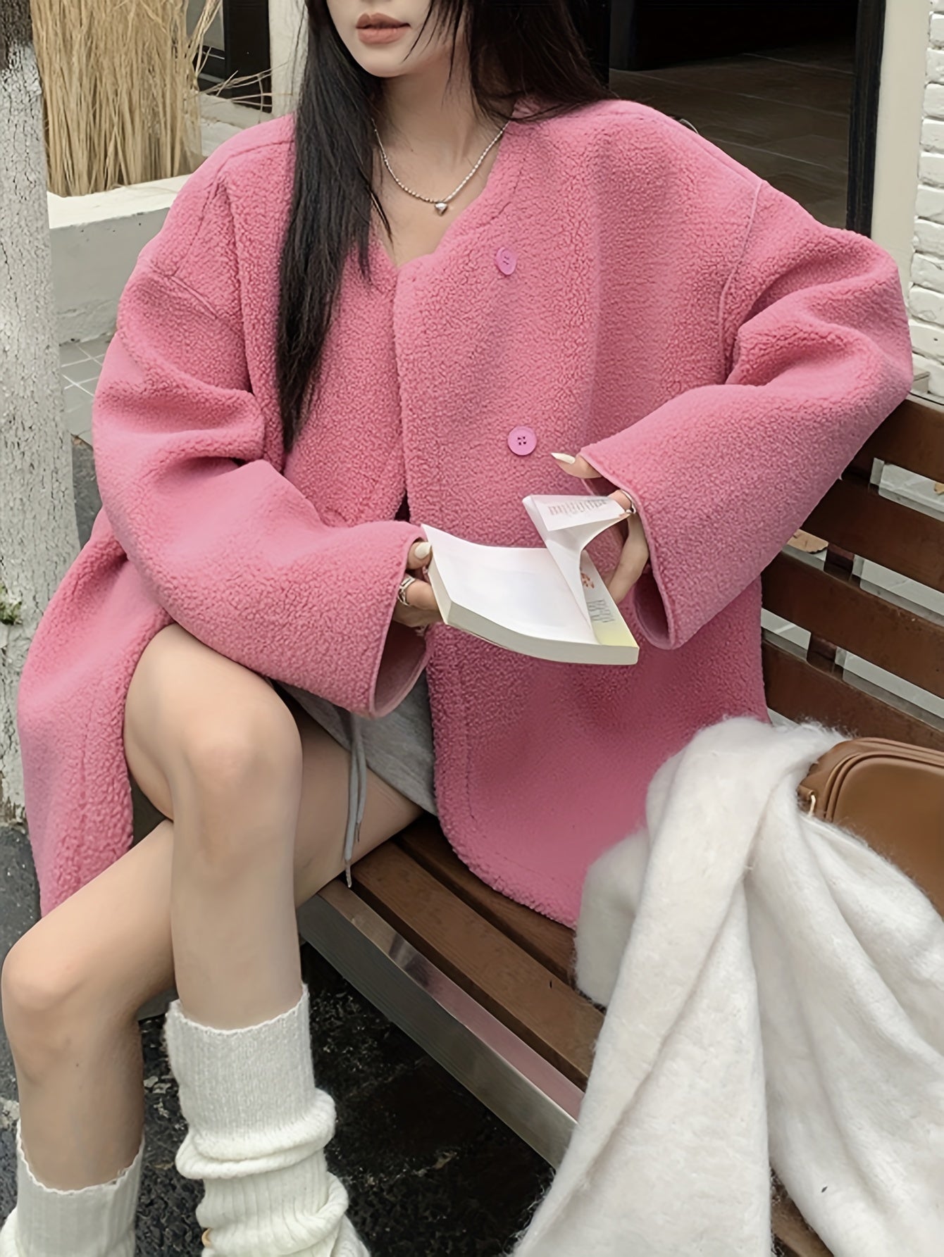 Sixsr Button Front Fuzzy Jacket, Elegant Long Sleeve Drop Shoulder Coat For Fall & Winter, Women's Clothing