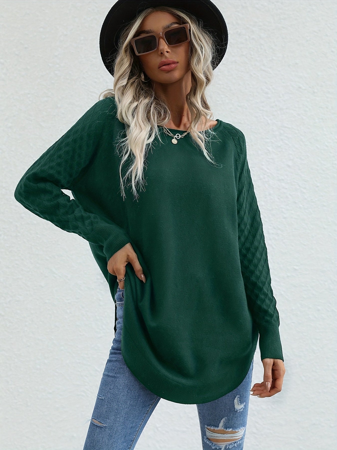 Sixsr Solid Crew Neck Slit Pullover Sweater, Casual Long Sleeve Sweater For Spring & Fall, Women's Clothing