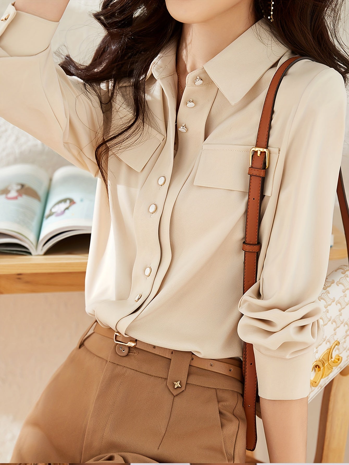 Sixsr Solid Single Breasted Simple Shirt, Versatile Long Sleeve Shirt For Spring & Fall, Women's Clothing