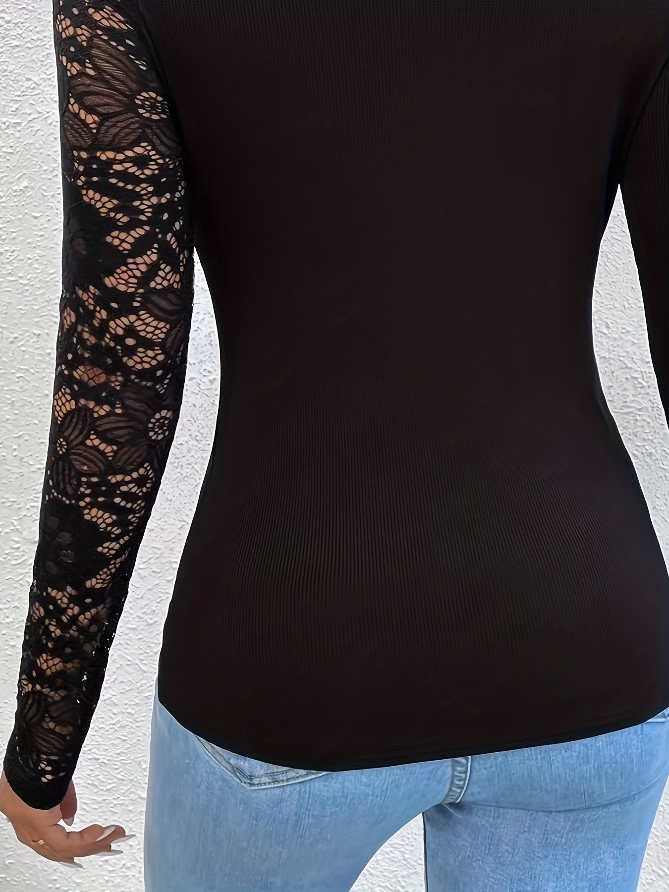 Sixsr Cutout Lace Stitching T-Shirt, Casual Mock Neck Long Sleeve Top For Spring & Summer, Women's Clothing