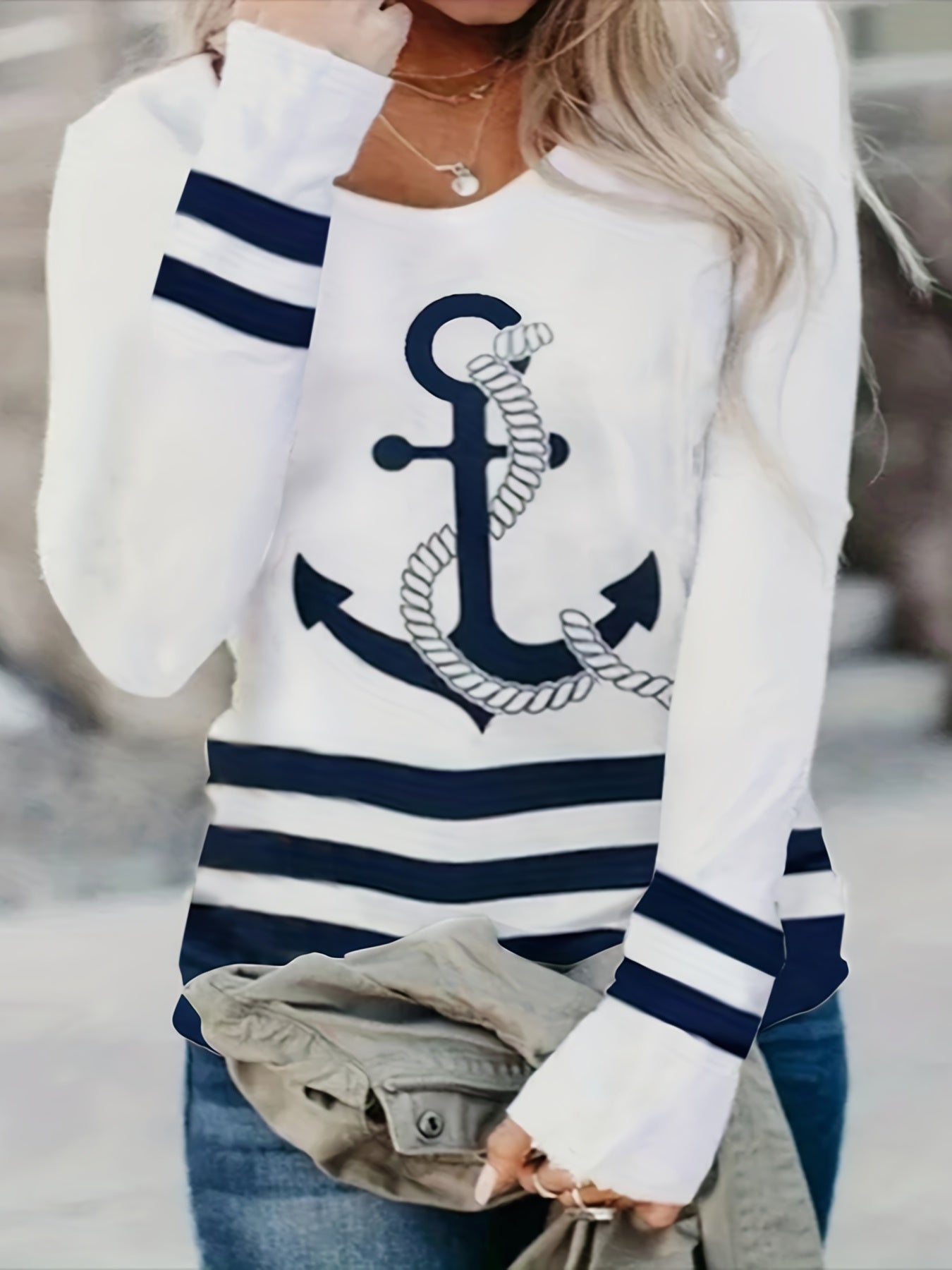 Sixsr Plus Size Casual Top, Women's Plus Colorblock Stripe & Anchor Print Long Sleeve Round Neck Medium Stretch Top