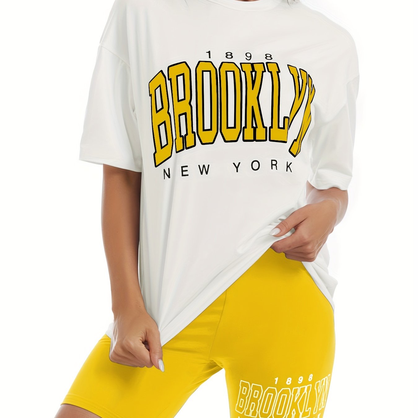 Sixsr Stylish Letter Print Two-piece Set, Casual Crew Neck Short Sleeve T-shirt & Slim Summer Shorts Outfits, Women's Clothing