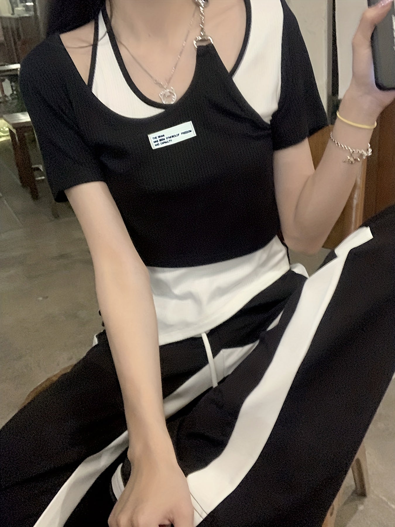 Sixsr Asymmetrical Fake Two-piece T-shirt, Sexy Chain Crew Neck Short Sleeve T-shirt, Women's Clothing