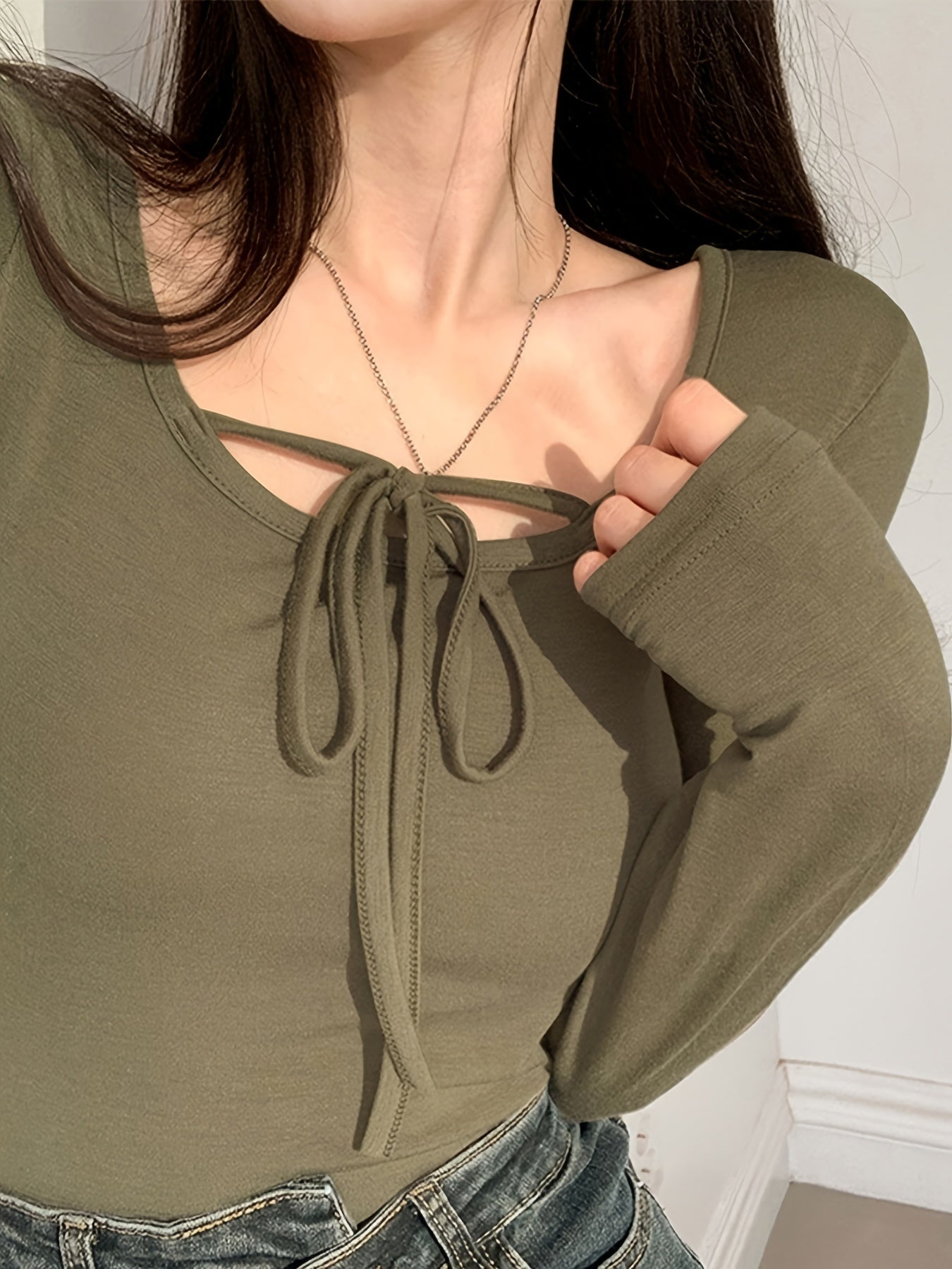 Sixsr Solid Tied Crew Neck T-Shirt, Casual Long Sleeve Top For Spring & Fall, Women's Clothing