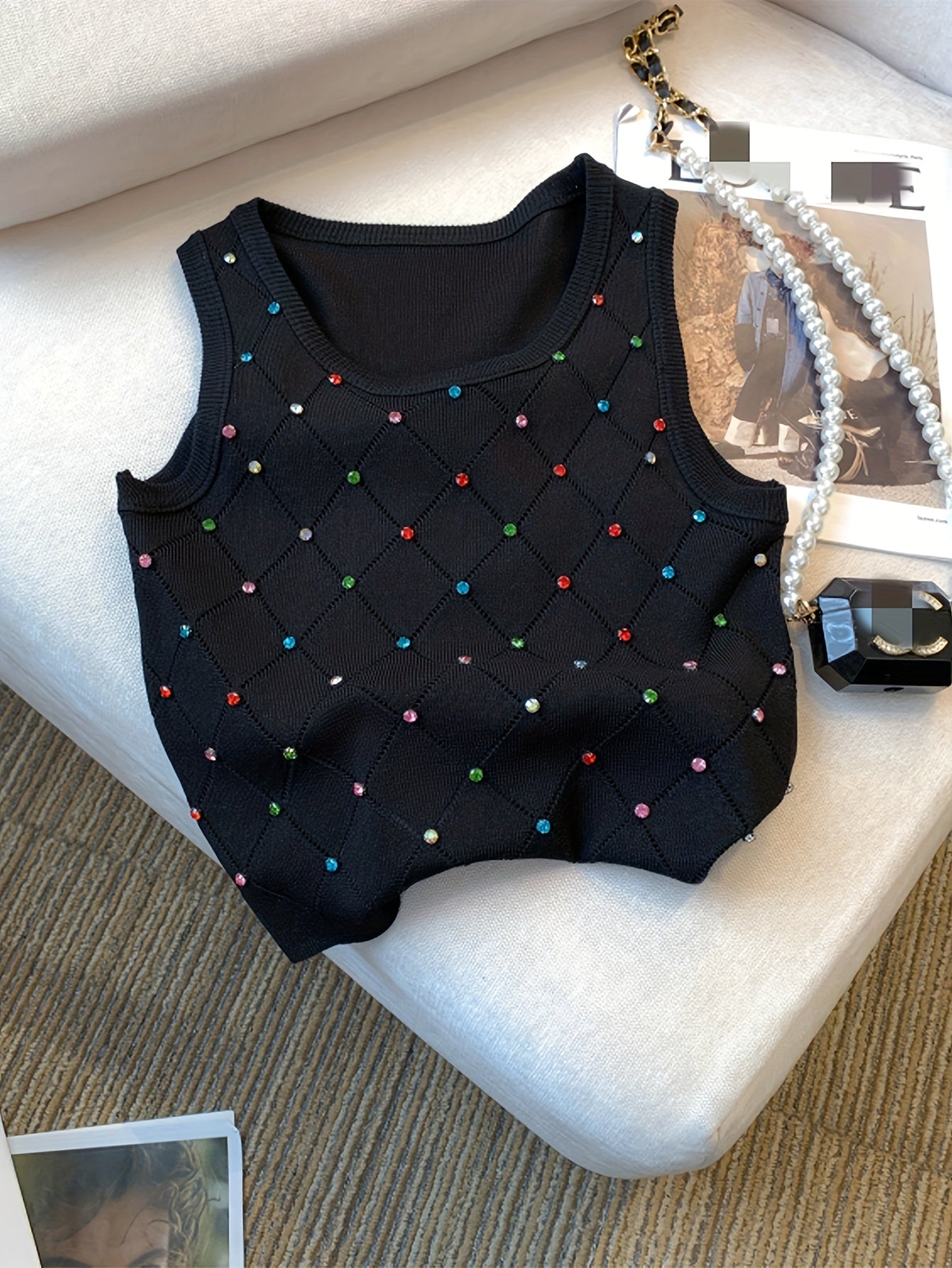 Sixsr Colorful Rhinestone Knitted Tank Top, Casual Crew Neck Sleeveless Tank Top For Summer, Women's Clothing