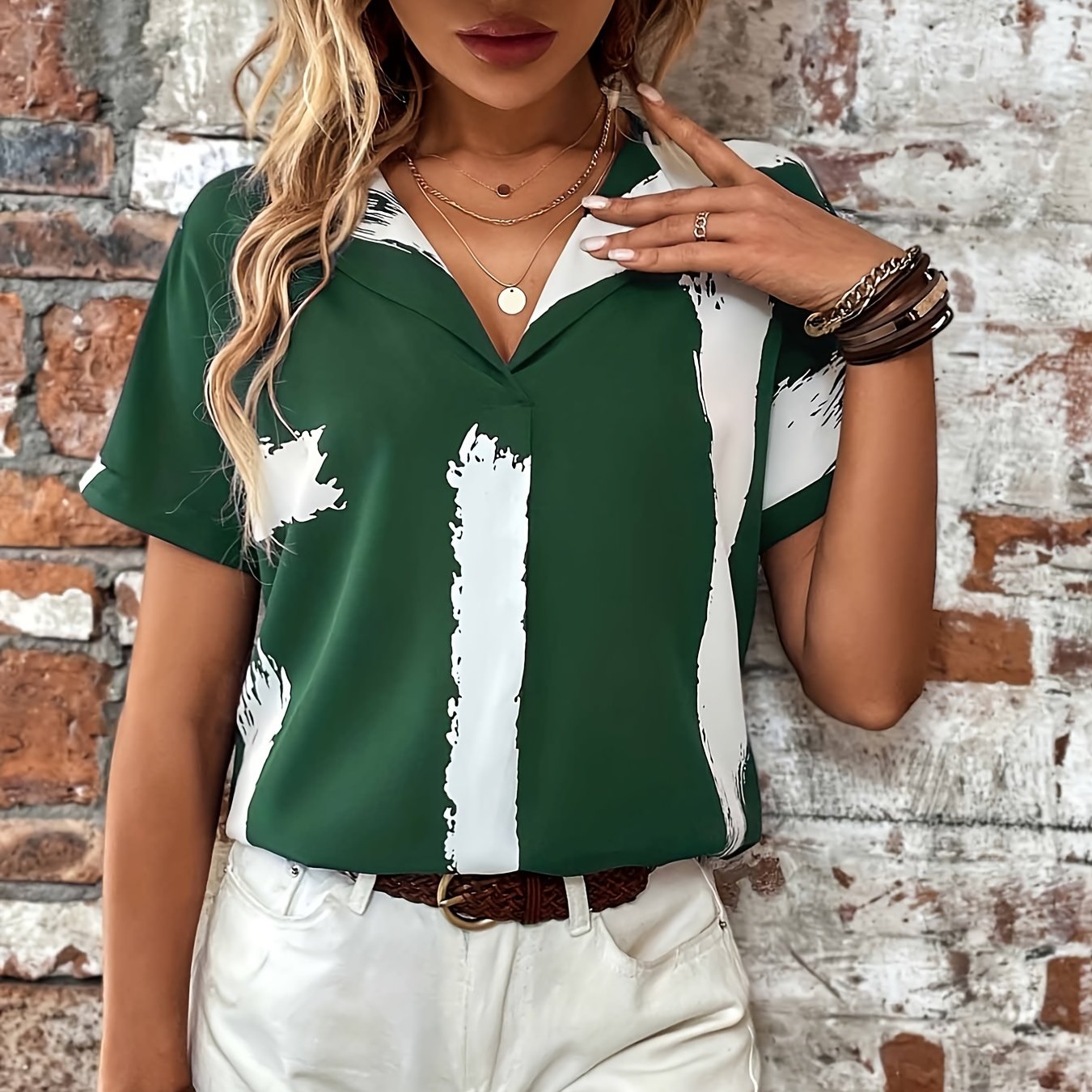Sixsr Brush Print Loose Blouses, Casual V-neck Batwing Sleeve Shirts Tops, Women's Clothing