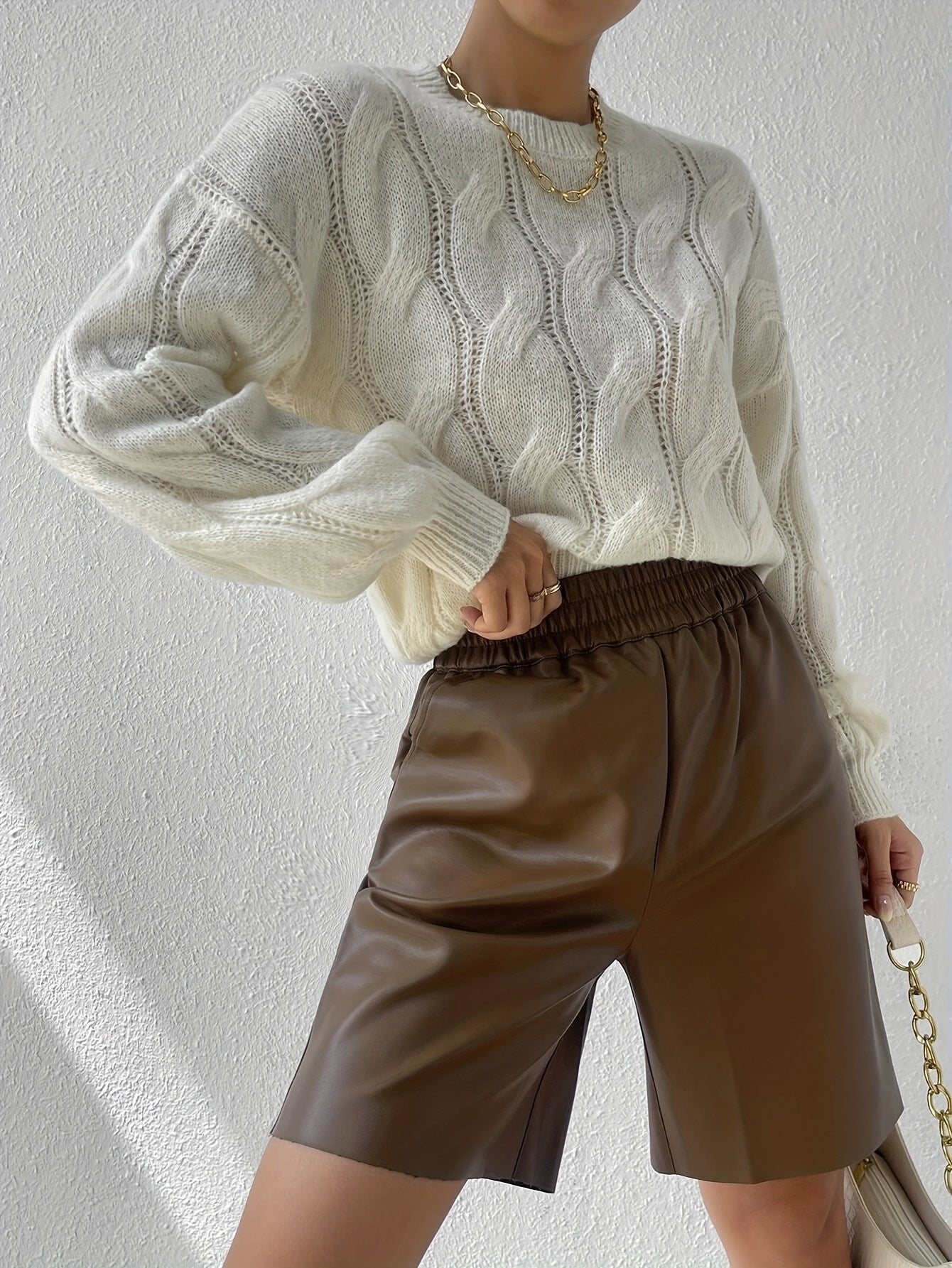 Sixsr Cable Knit Crew Neck Sweater, Elegant Lantern Sleeve Sweater For Fall & Winter, Women's Clothing