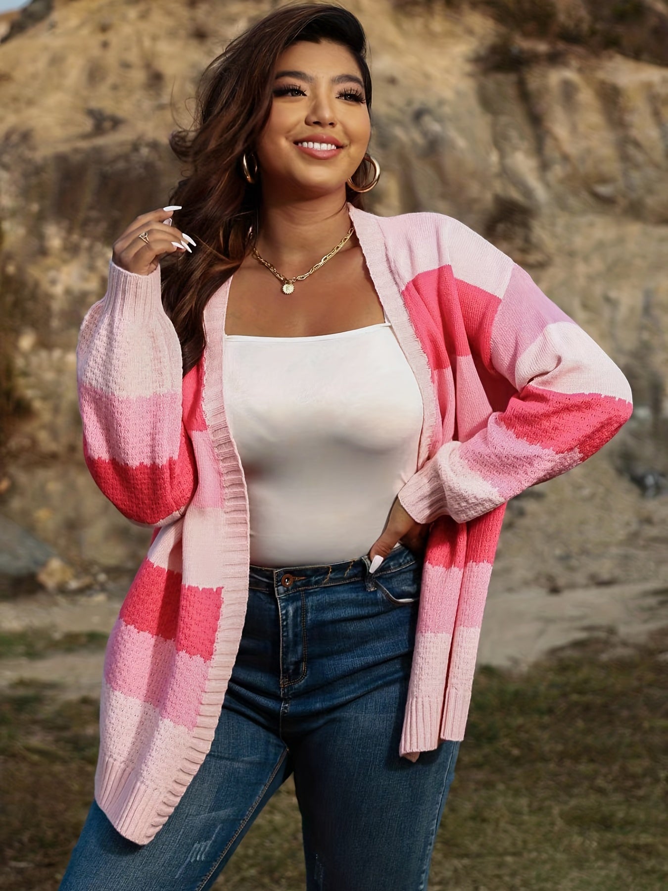 Sixsr Plus Size Colorblock Long Sleeve Cardigan, Women's Plus Slight Stretch Casual Sweater Cardigan