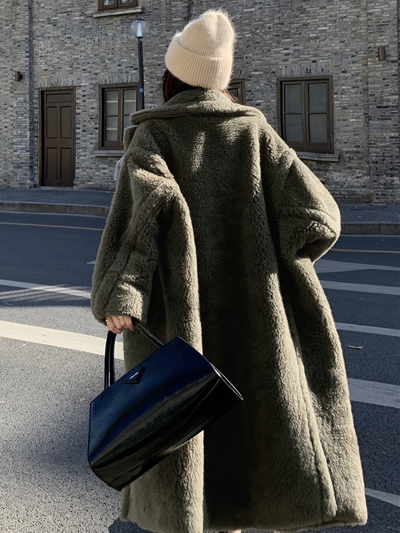 Sixsr Notched Collar Button Front Plush Coat, Casual Thermal Long Sleeve Teddy Bear Coat For Fall & Winter, Women's Clothing