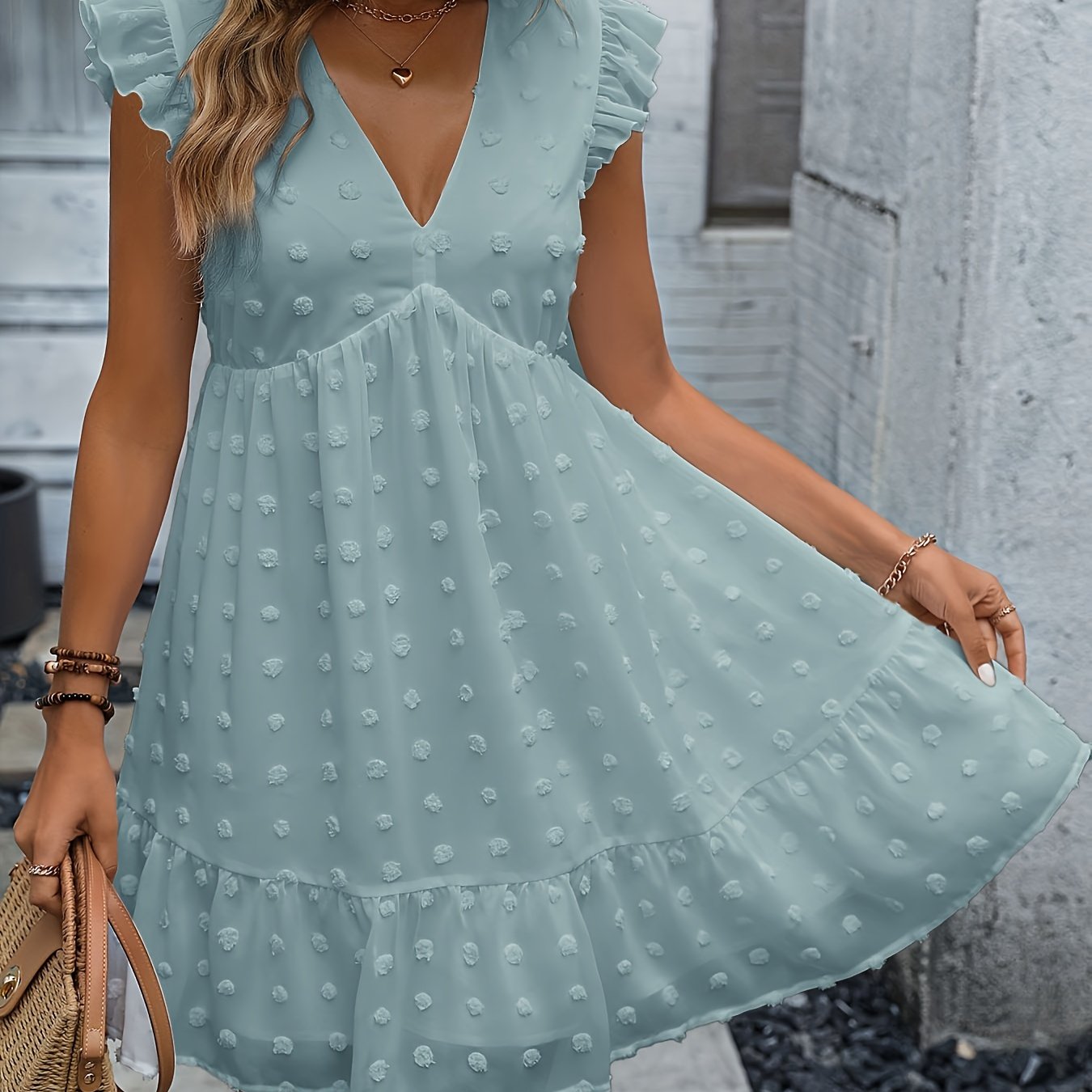 Sixsr Swiss Dot Ruffle Hem Dress, Elegant V Neck Dress For Spring & Summer, Women's Clothing