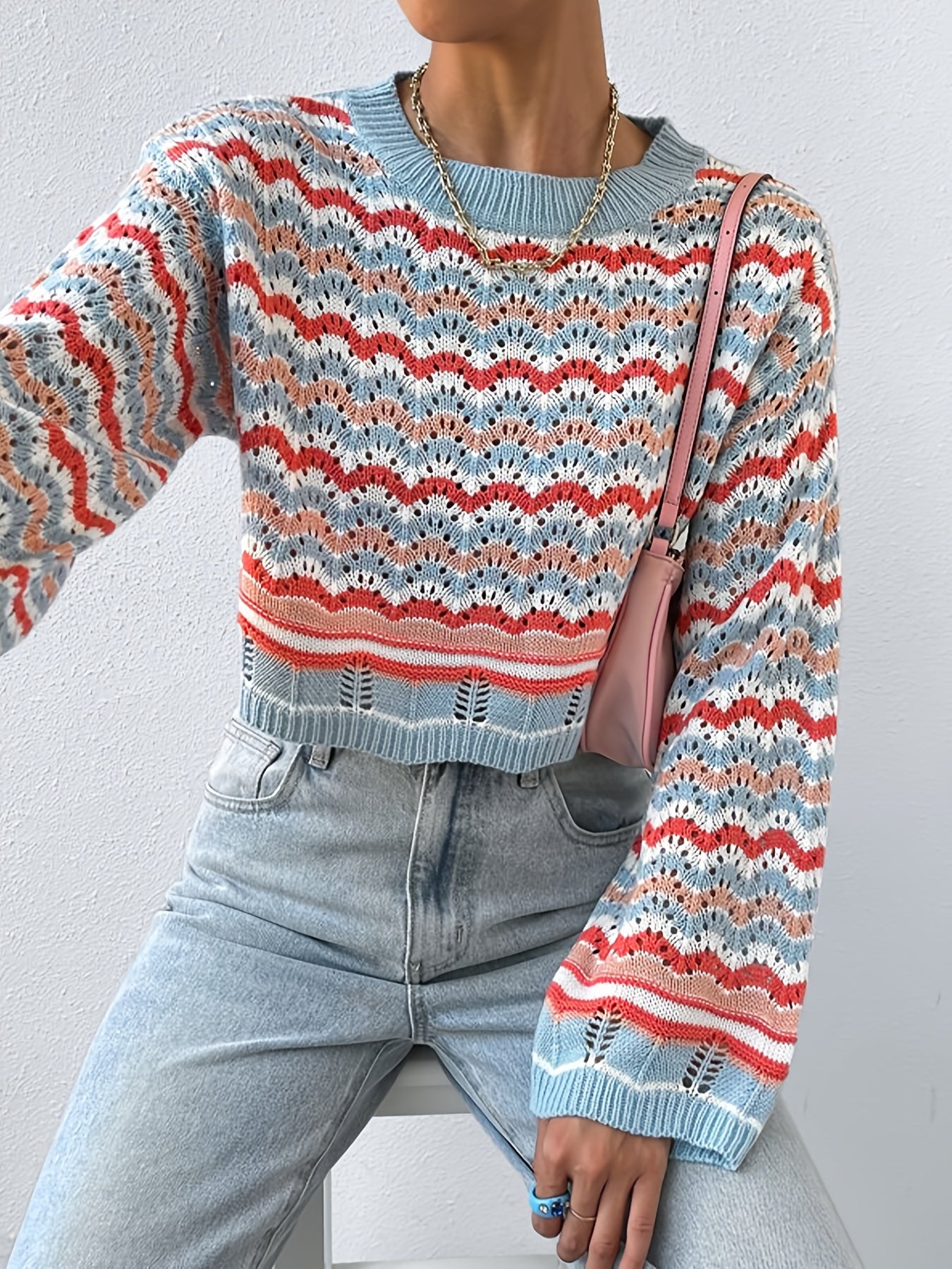 Sixsr Colorful Printing Knit Sweater, Casual Crew Neck Long Sleeve Sweater, Women's Clothing