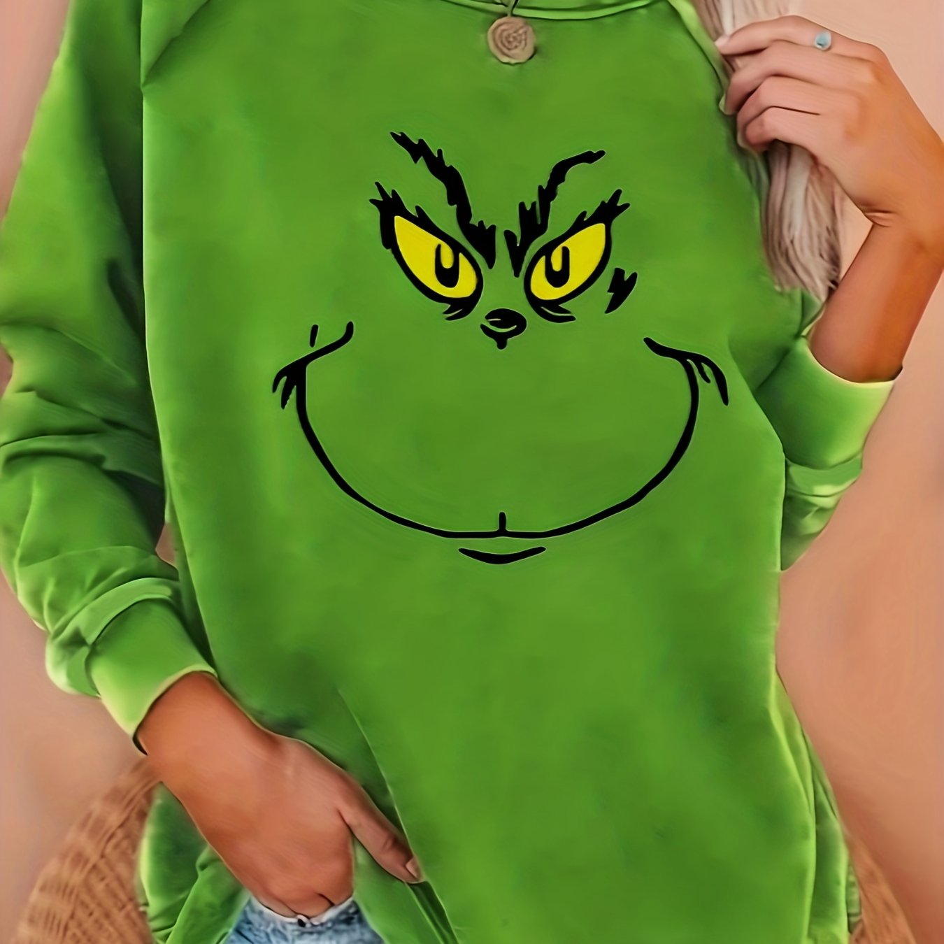 Sixsr Plus Size Casual Sweatshirt, Women's Plus Funny Cartoon Print Long Sleeve Round Neck Medium Stretch Sweatshirt