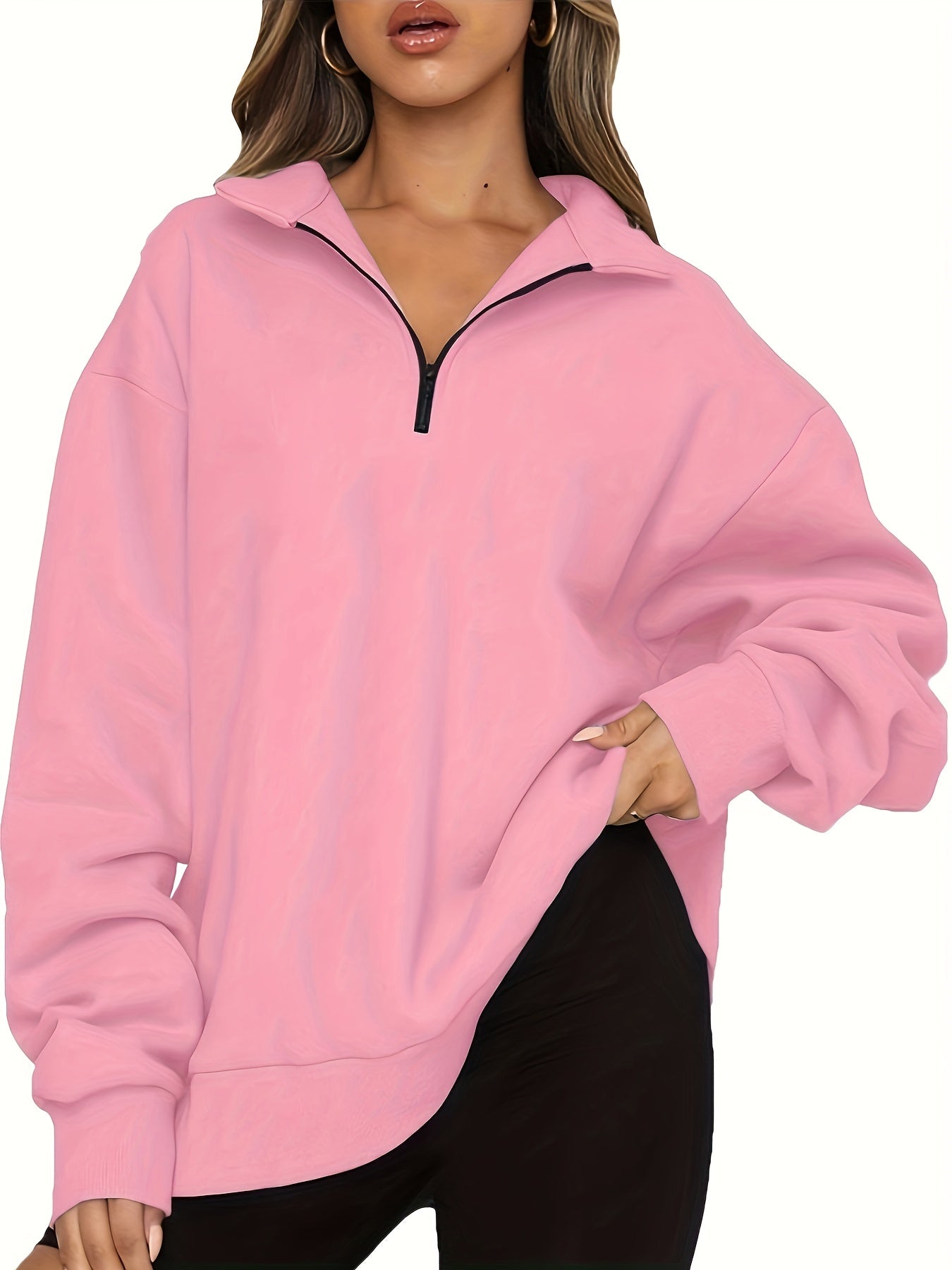 Sixsr Plus Size Casual Sweatshirt, Women's Plus Solid Long Sleeve Zip Up Lapel Collar Pullover Sweatshirt, Casual Tops For Fall & Winter, Women's Clothing