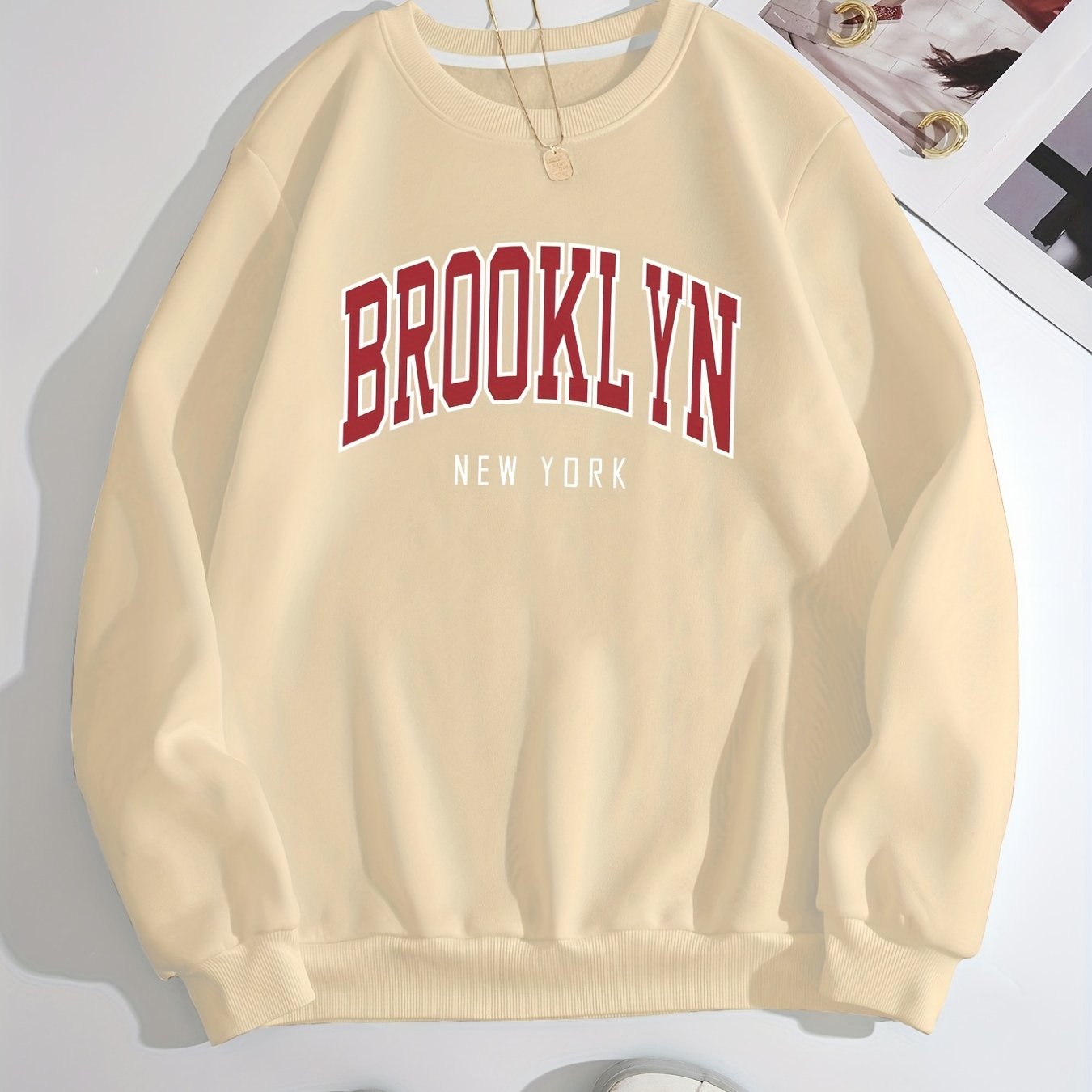 Sixsr Brooklyn Print Solid Pullover, Crew Neck Long Sleeve Casual Sweatshirt, Women's Clothing