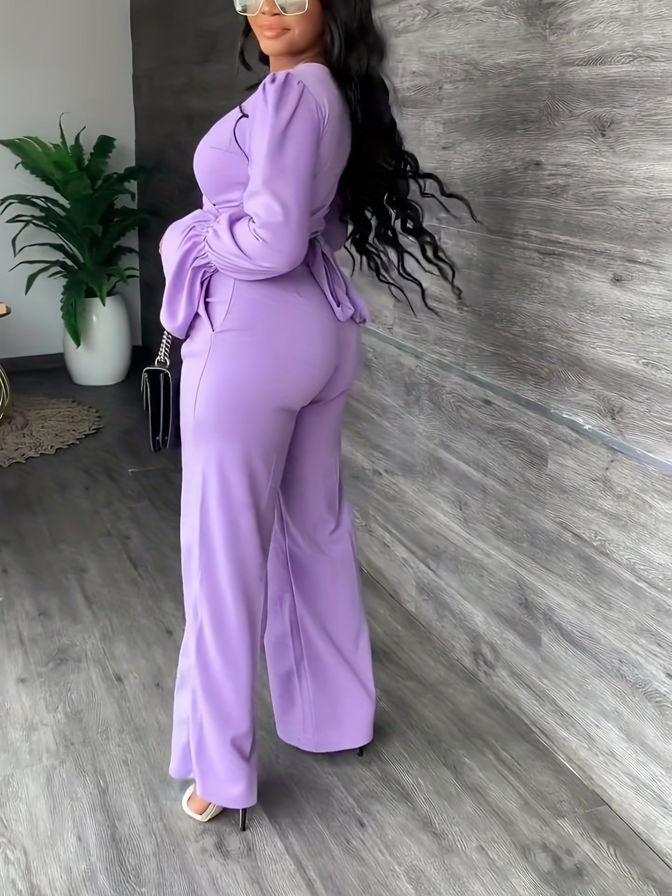 Sixsr Solid Casual Two-piece Set, Surplice Neck Long Sleeve Tops & High Waist Wide Leg Pants Outfits, Women's Clothing