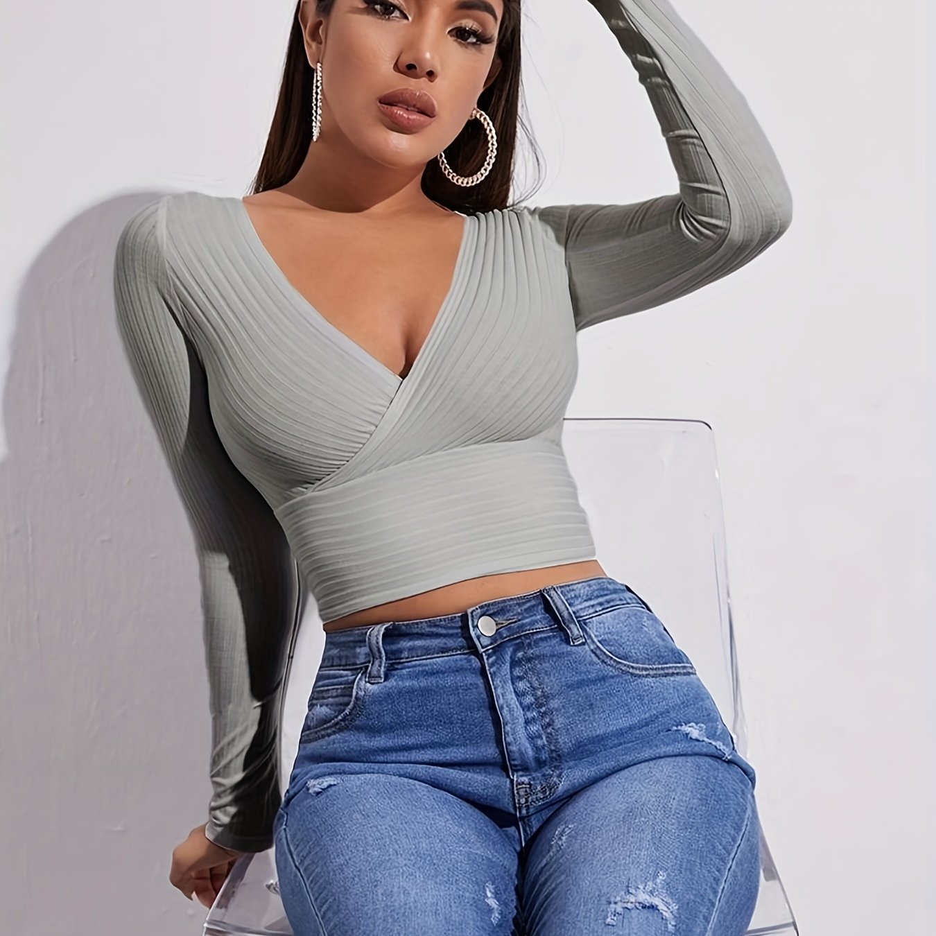 Sixsr Ribbed Solid Deep V Neck Long Sleeve Cross Wrap Crop Tops , Women's Clothings
