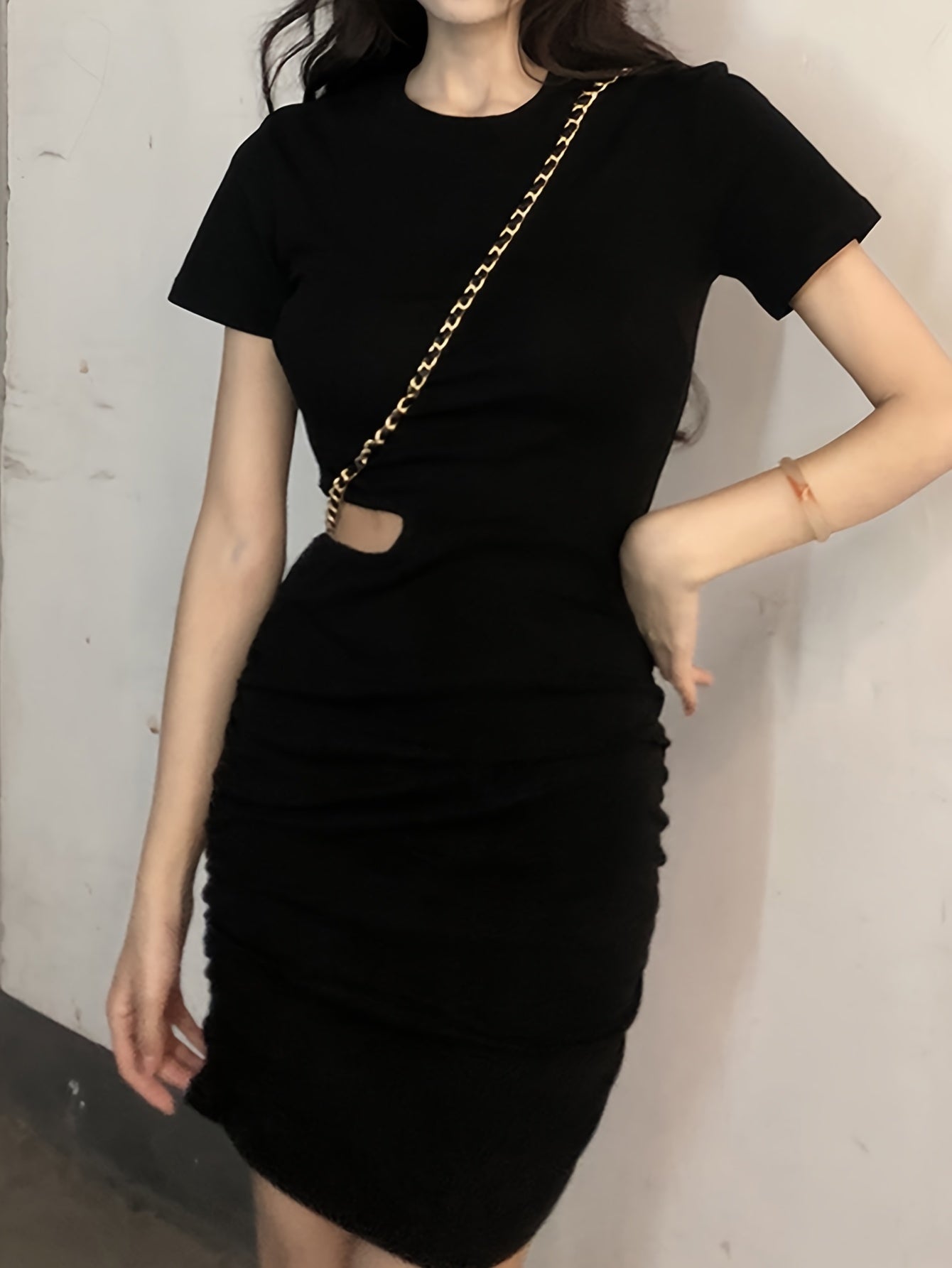Sixsr Solid Cut Out Ruched Dress, Casual Short Sleeve Dress For Spring & Summer, Women's Clothing