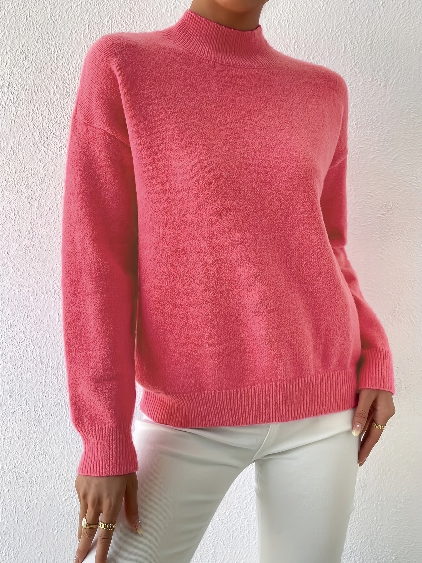 Sixsr Plus Size Casual Sweater, Women's Plus Solid Long Sleeve High Neck Medium Stretch Jumper