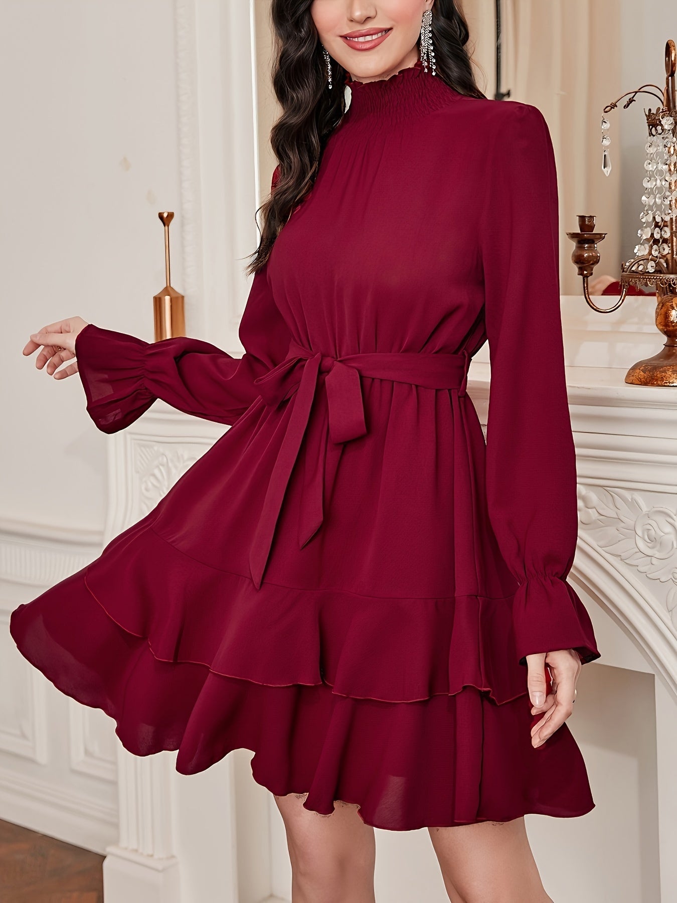Sixsr Ruffle Hem Layered Dress, Elegant Long Sleeve High Neck Dress, Women's Clothing